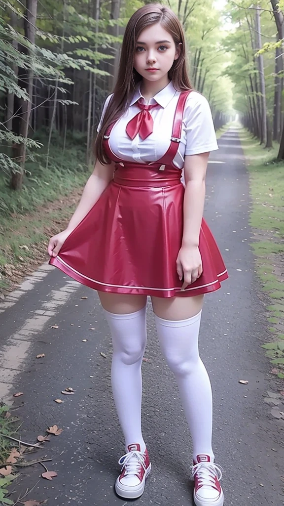 Cute young beautiful curvy schoolgirl ,  beautiful  teen face, red leather skater pinafore dress ,  transparent white blouse, short sleeves, red silk tie , brunette long hair,  beautiful eyes. stockings,  Sneakers,  schoolgirl - standing in the woods ,   photorealistic , sad face, skater pinafore, skater dress, full size figure