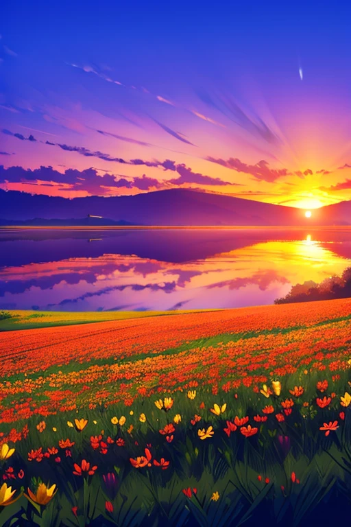 Beautiful flower field,  sunrise, lake, butterfly ,nature, The best light