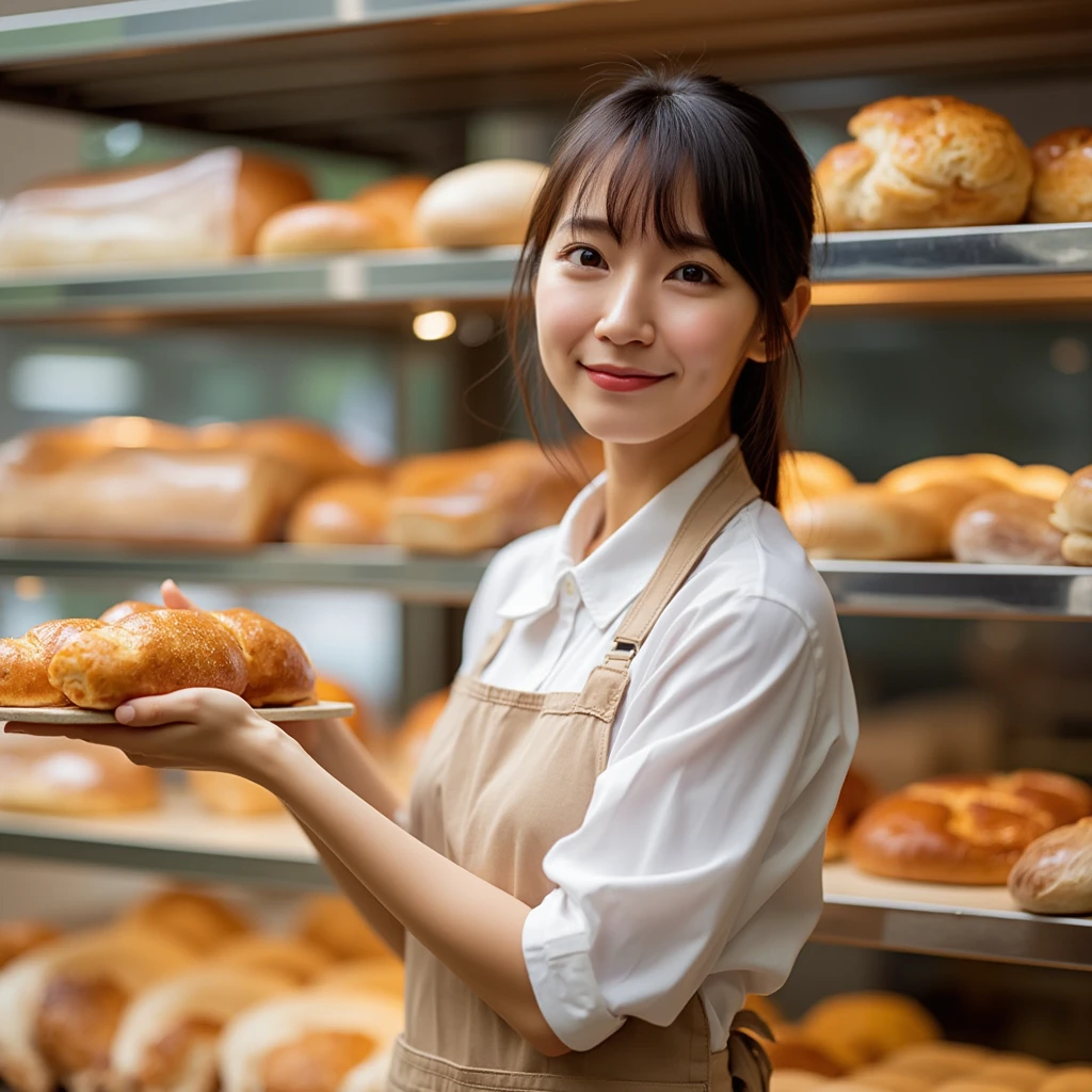 A bright, fine-art style photograph of a young slender East-Asian woman with cute face and bangs ,working in a bakery. She is dressed in a light brown apron tied neatly at the back, over a simple white blouse with rolled-up sleeves, giving her a refined yet approachable appearance. Her long, dark hair falls naturally over her shoulders as she engages in her task with a warm and inviting expression. Her soft, porcelain-like skin is illuminated by the gentle natural light streaming through the bakery, adding to the overall warmth and charm of the scene. The bakery is filled with an assortment of freshly baked goods, all meticulously arranged behind the woman in neat rows on glass shelves. The rich browns and golden hues of the various breads and pastries create a beautiful contrast against the modern, clean glass and metal display cases. The different shapes and sizes of the breads are visually appealing, ranging from small, round buns to larger loaves, each one expertly crafted. The woman holds up a golden-brown pastry in one hand, as if presenting it to the viewer, her smile calm and welcoming. Her other hand rests delicately on a tray of bread, adjusting the display with care and precision.