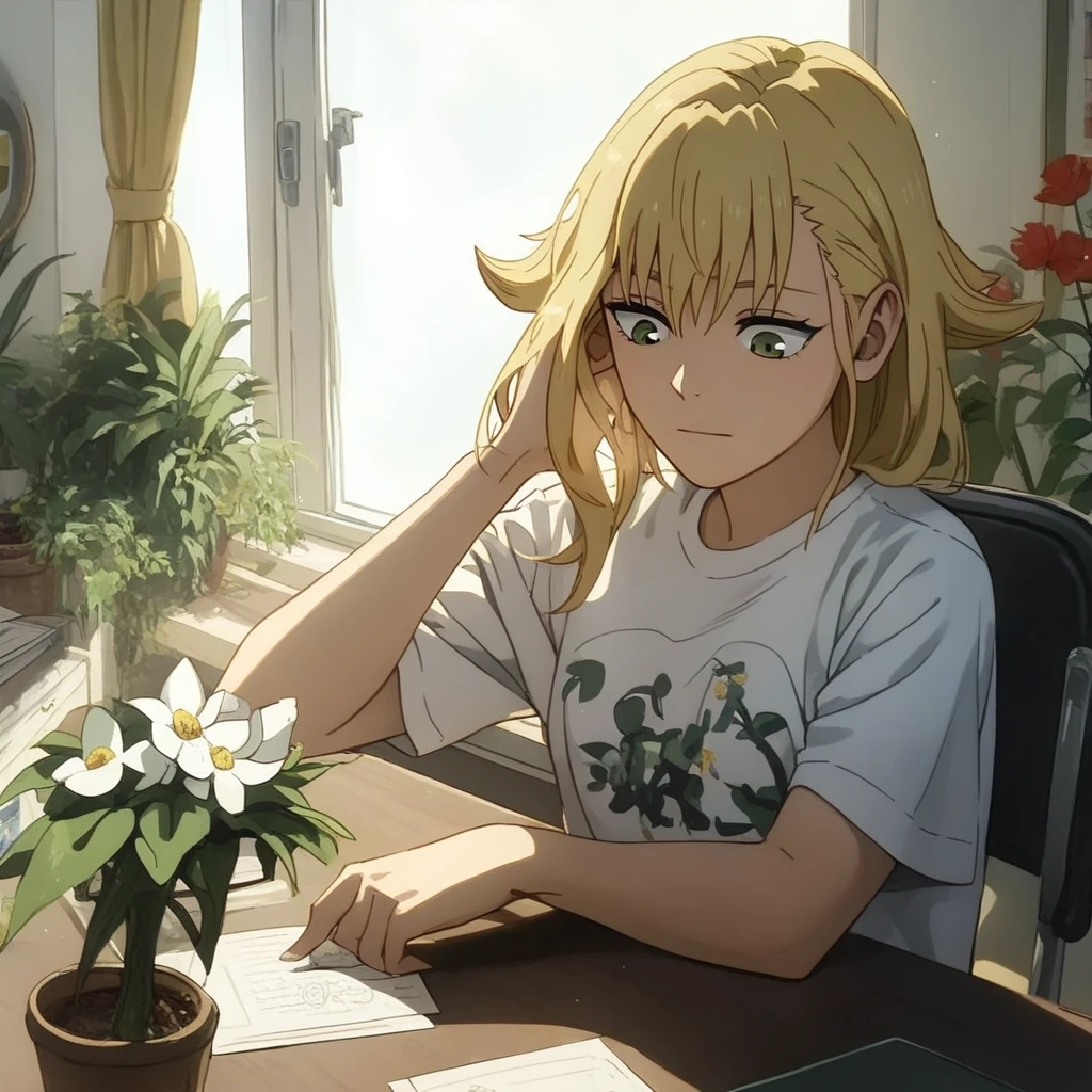 (masterpiece) (ultra_detailed) (best quality) shinomiya kikoru , wearing t-shirt , doing homework at a desk , room sitting on a chair , small a plant in a flower pot in the background , beautiful , 1 girl , medium shot to close shot , hair down , from top looking down