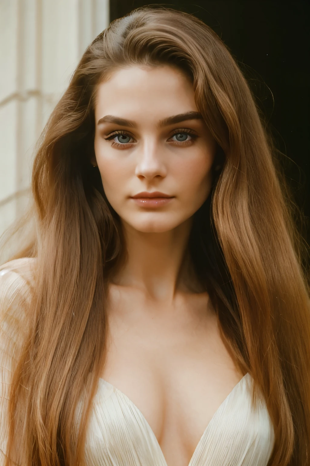 very beautiful girl, perfect face, perfect eyes, detailed eyes, perfect double eyelids, elegant old money vibes, supermodel face, 1995 fashion, blowout hairstyle, Streaked Hair, Wavy Hair, Film Grain, pale skin, Wide Shot, mansion background, medium Shot, prada