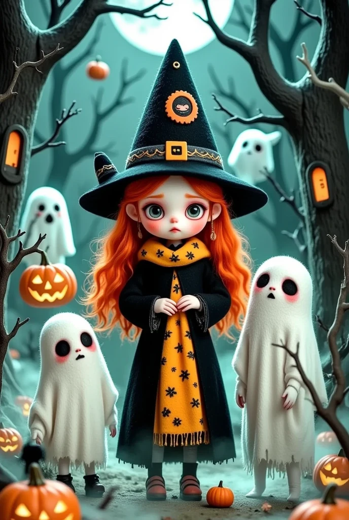 (((text" scary cute Halloween !"))).有一张女孩和两个鬼魂of卡通图片, Halloween art style, Halloween scene, samhain figure , Trick or Treat, Halloween style, author：Mab Graves, Witch Girl, author： Android Jones , 在一座阴森of森林里, Beeple 和 Jeremiah Ketner, Halloween theme, omg, of. 鲜艳of色彩. 可爱of, Scary yet charming 