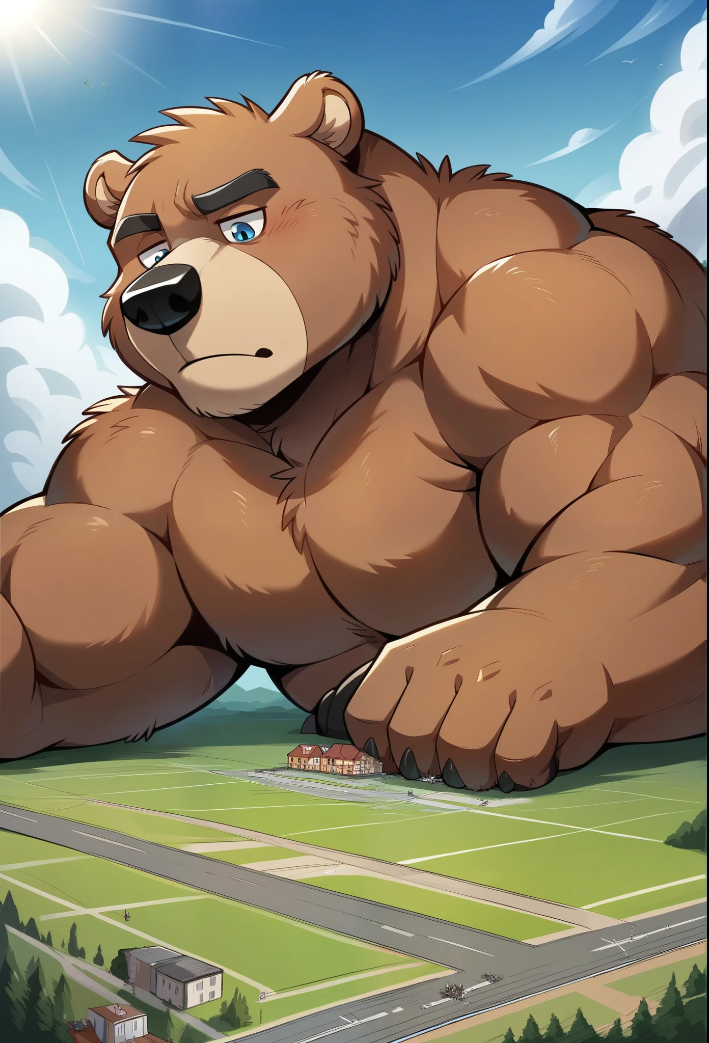 nj5furry, Grizzly berry, Lonely, beast field ,pummelig, thick arms,strong muscles,Shorts,Plush ,chubby face, black eyebrows ,sky blue eyes,bart,lying on the grass,on the stomach, Vati, (From underneath:1.1),lie down,(Shirt,Shorts),sunlight ,von zixiong, Takemoto Arashi, Grizzly berry, (Massiv:3.0, ( heavyweight,stark,Macro, Emphasize, Protect a small town )), Protects a small person