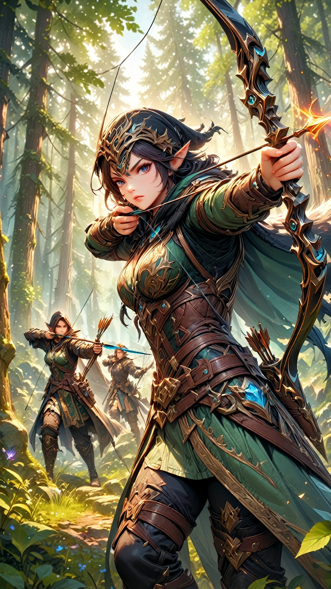 (Ash: Shooter, characters appearing in League of Legends ,Elf hunter),Nordic forest background , black hooded cape ,Eyes aim at prey,(bow \(arms\),  \(projectile \), holding bow \(arms\), aim, holding , drawing bow,), Correct structure ,(masterpiece:1.3),( highest quality:1.4),( super detailed :1.5), high resolution ,  is very detailed ,Unity 8k wallpaper,  anatomically correct , perfect anatomy,Rich colors, calm color scheme , meticulously depict beautiful Nordic forests, walk through the woods 