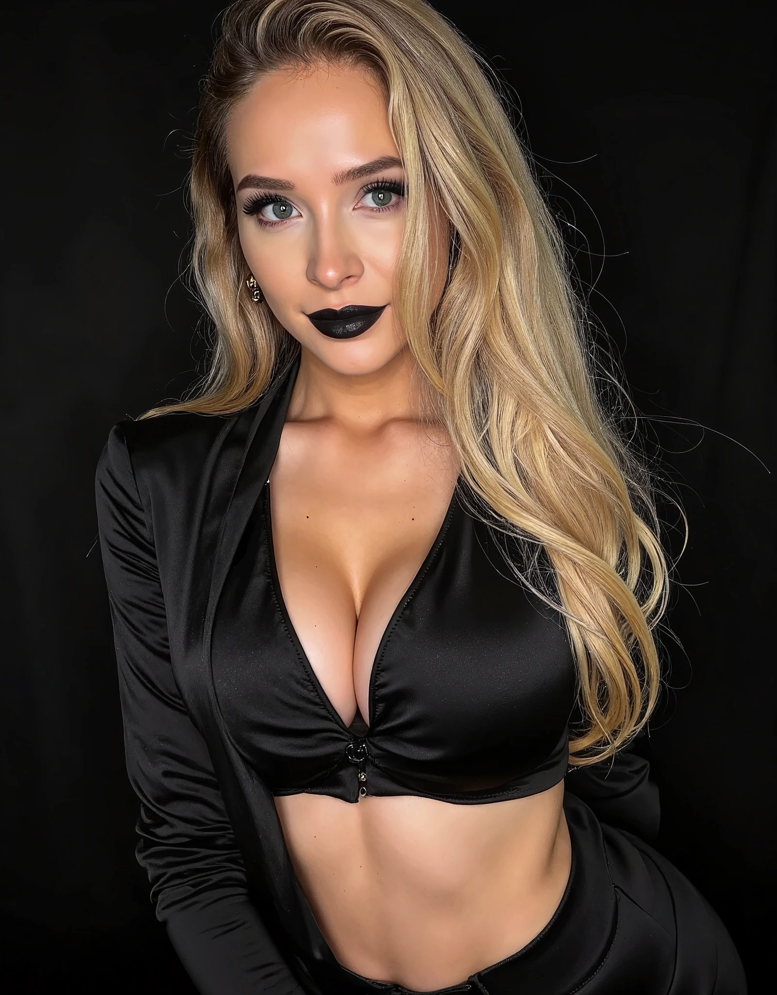 full body photo, beb4h4nflx, gorgeous blonde woman, portrait, seductive eyes, ((high quality、high resolution、​masterpiece、sharp focus、photographrealistic、Raw photography、lighting like a movie、Extreme camera angles、radiant lighting、Dark background、black lips, Black Suit、Black & gold palette、Dark makeup 