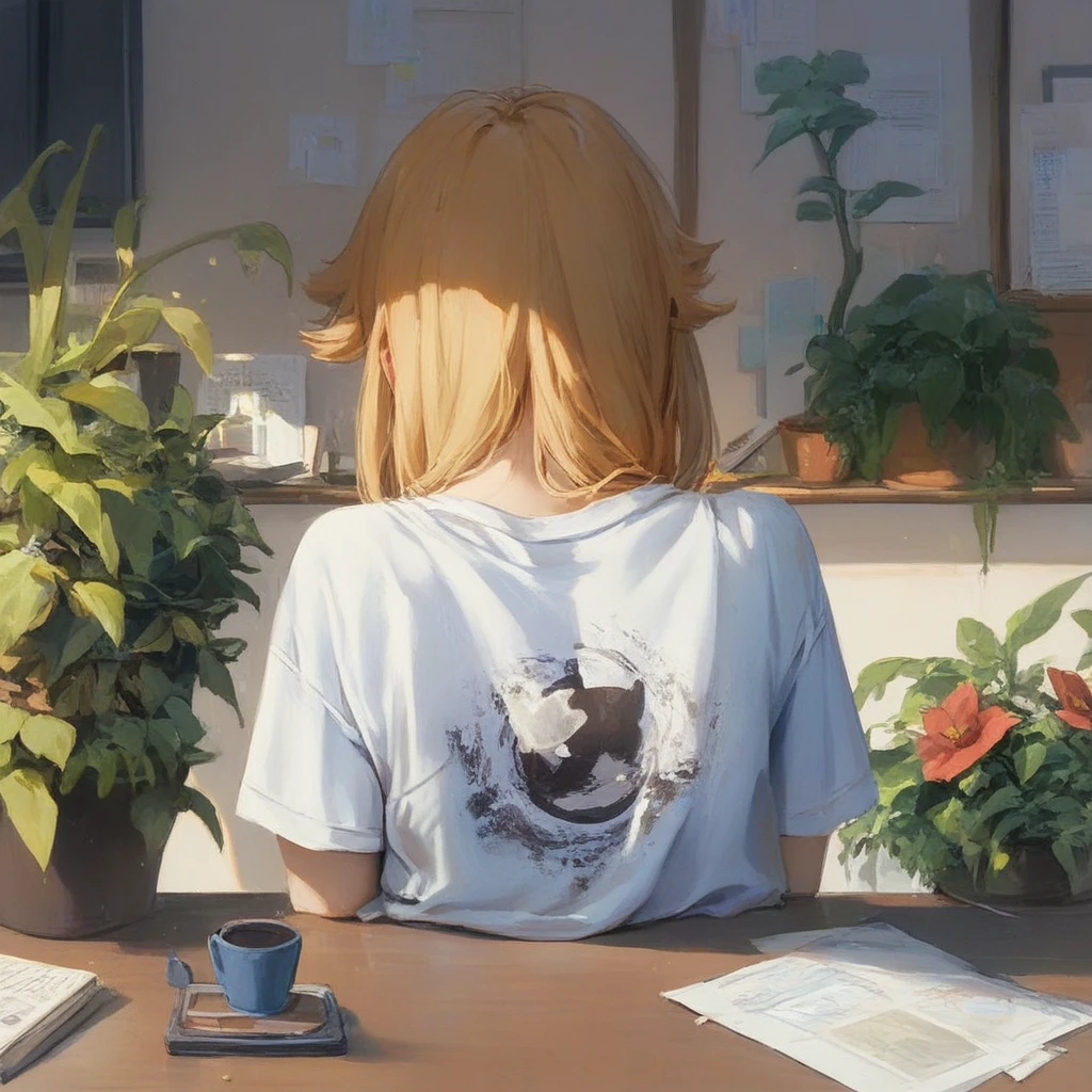 (masterpiece) (ultra_detailed) (best quality) shinomiya kikoru , wearing t-shirt , doing homework at a desk , room sitting on a chair , small a plant in a flower pot in the background , beautiful , 1 girl , medium shot to close shot , hair down , pov (from top) (from behind) 