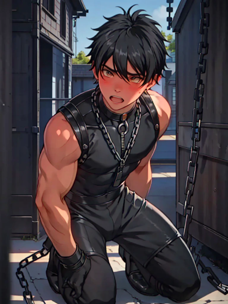  realistic skin　Being thin　Black Hair　naked　 realistic skin　 raising arms　Bound in chains　 it's opening its mouth　cliff　Long bangs　 skin is visible here and there　 sleepy expression 　Blushing　Cross-eyed　Sleeveless boy　being bound by chains　Chains wrapped around the body　Boy putting pressure on his thighs　boy in a tight black rubber suit　Kneeling　Black boots