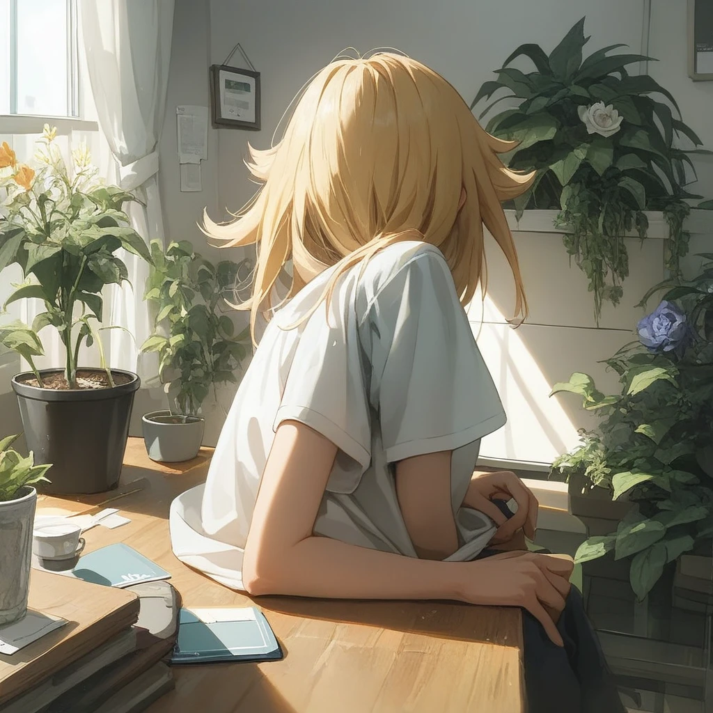 (masterpiece) (ultra_detailed) (best quality) shinomiya kikoru , wearing t-shirt , doing homework at a desk , room sitting on a chair , small a plant in a flower pot in the background , beautiful , 1 girl , medium shot to close shot , hair down , pov (from top) (from behind) (look over)(from the side) 