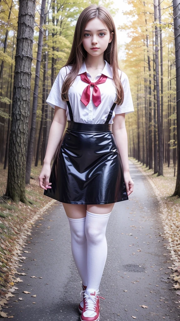  Cute young beautiful curvy schoolgirl ,  beautiful face of a teenager, red leather  figure skater in apron  dress ,   transparent white blouse ,  short sleeves ,  red silk tie  ,  brunette with long hair ,   beautiful eyes. stockings,  Sneakers,   schoolgirl - standing in the woods  ,     photorealistic  , sad face,  figure skater in apron , speed skater dress ,  full-length figure 