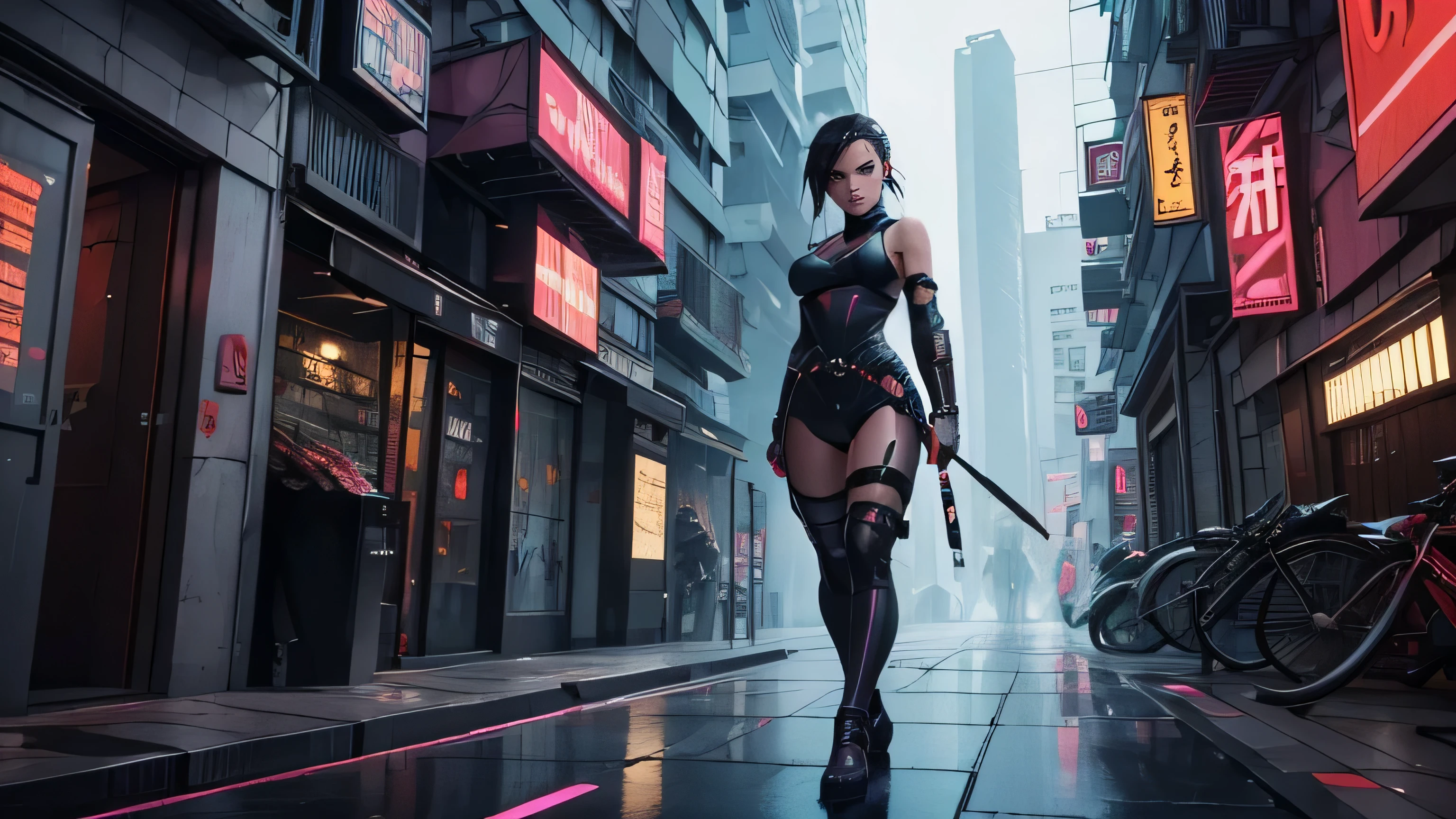 magnifique, une fille, regard magnifique, sexy, ninja, tenue ninja moulante, full body, en haut d'un immeuble, debout au bord du vide, dans une ville cyberpunk, esthétique, Pinterest,