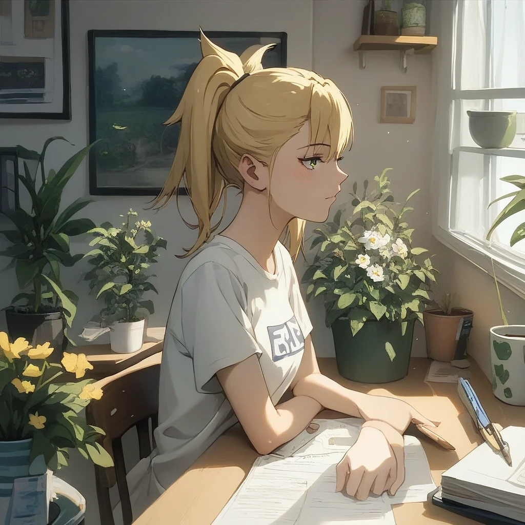 (masterpiece) (ultra_detailed) (best quality) shinomiya kikoru , wearing t-shirt , doing homework at a desk , room sitting on a chair , small a plant in a flower pot in the background , beautiful , 1 girl , medium shot to close shot , hair down , pov (from top) (look over) (from the side), side profile