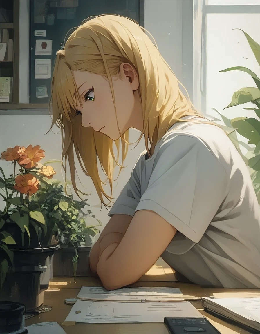 (masterpiece) (ultra_detailed) (best quality) shinomiya kikoru , wearing t-shirt , doing homework at a desk , room sitting on a chair , small a plant in a flower pot in the background , beautiful , 1 girl , medium shot to close shot , hair down , pov (from top) (look over) (from the side), side profile (looking down) doing her work