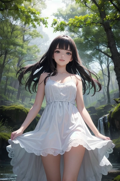 very cute and beautiful girl,frilled white summer dress with detailed lace,skirt lift,white panties,
(highly detailed beautiful face),cowboy shot,(smile),black hair,flower crown,
standing near water spring in forest,fog,fantastic stone monument,detailed landscape,
(best quality,masterpiece:1.0),absurdres,highres,ultra-detailed,extremely detailed,32k,8k resolution,
intricate details,cinematic scene,detailed background,solo,dynamic angle,
cinematic lighting,dim light,hair fluttering in the wind,