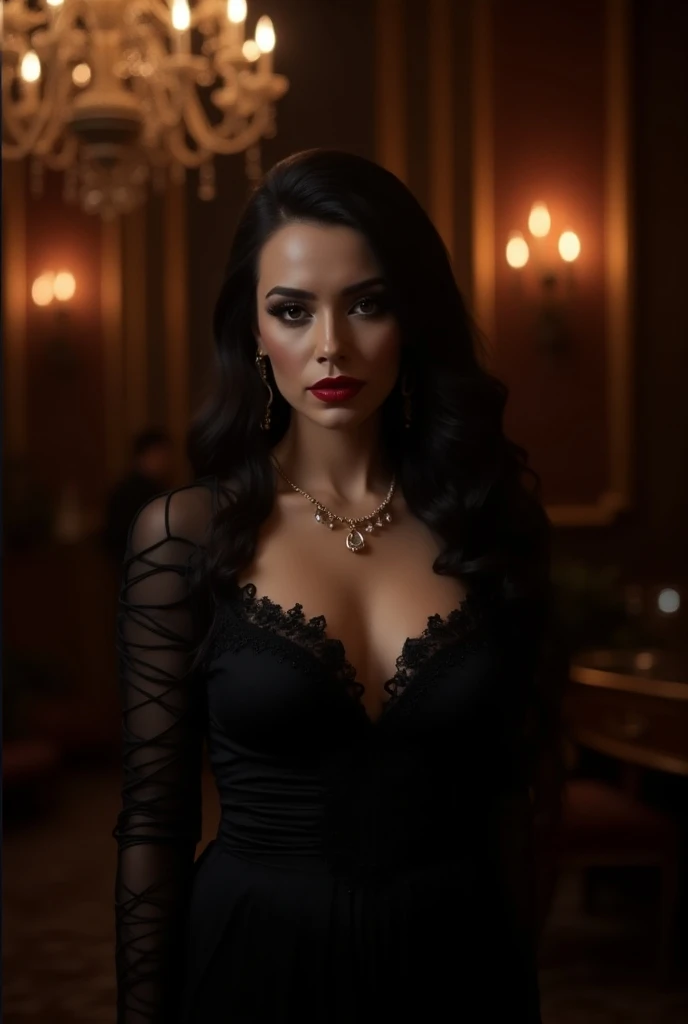 A strikingly contrasting figure, the goth sexy girl prowls the streets of Morocco at night with an air of mystery. Her black dress is adorned with silver spikes and chains, adding a tough edge to her appearance. The image, most likely a photograph, captures her in the dim light, creating a moody atmosphere. Every detail is sharp and clear, from the intricate lace on her gloves to the smoky makeup around her eyes. The high quality of the image allows for the viewer to feel as though they are right there on the darkened streets with her, experiencing the same sense of intrigue and rebellion, We see the full body.