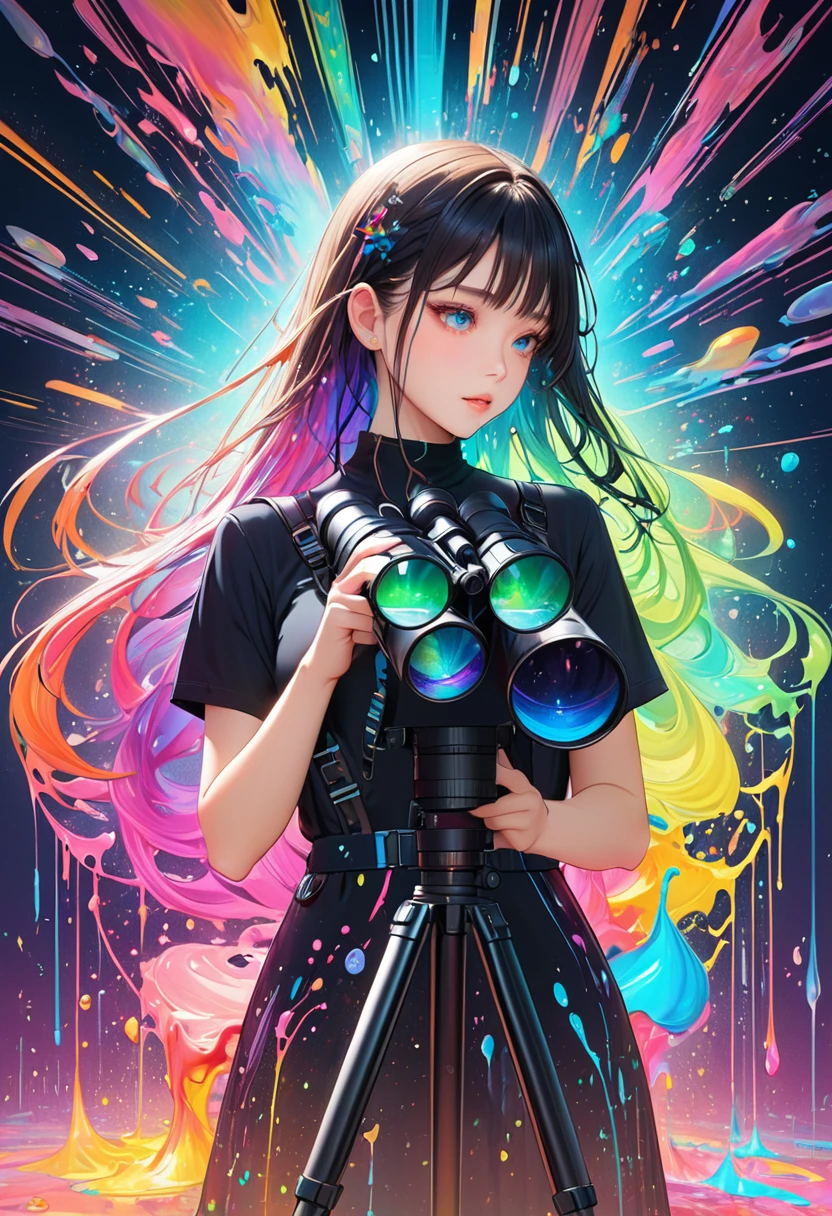 (( 1 girl)), colorful, dot, colorfulなペイント,  splash paint , liquid, fog, Vibrant colors, matrix, hologram, Confused,  Details, 超 Details, 非常に Details, Complex, masterpiece, 8k，khd，8k resolution，masterpiece,Focus all your nerves ！ your color vision is tested thumbnail image with the title ！ holding a telescope　I'm wearing binoculars　colorfulな背景