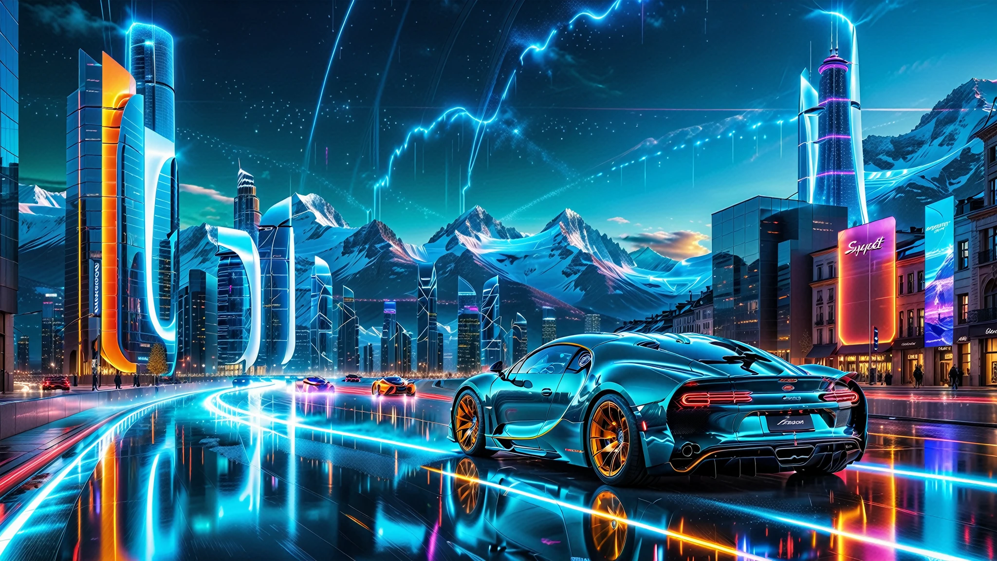 A Masterpiece In 32K Resolution, Supreme Quality, Super Detail, Official Art, Very High-Resolution 32K Wallpaper. Gleaming And Technological, Ultra-Detailed Features. Above, The Sky Is Alive With Glowing Auroras And Vibrant Light Trails. Majestic Mountains Rise Above The City, Creating A Striking Contrast Against The Technological Marvels Below, Embodying The Essence Of This Futuristic World. A Supercars The Bugatti Chiron Super Sport 300+ Blazes Through The City Streets, Its Polished Carbon Fiber Body Gleaming Under The Neon Lights, Speed Effortlessly Through The Floating Roads, Leaving Bright, Fluorescent Light Trails In Their Wake. Their Sleek, Futuristic Designs Reflect The Neon Glows, Their Aerodynamic Bodies Blending With The Utopian City As They Race Across The Skyline.