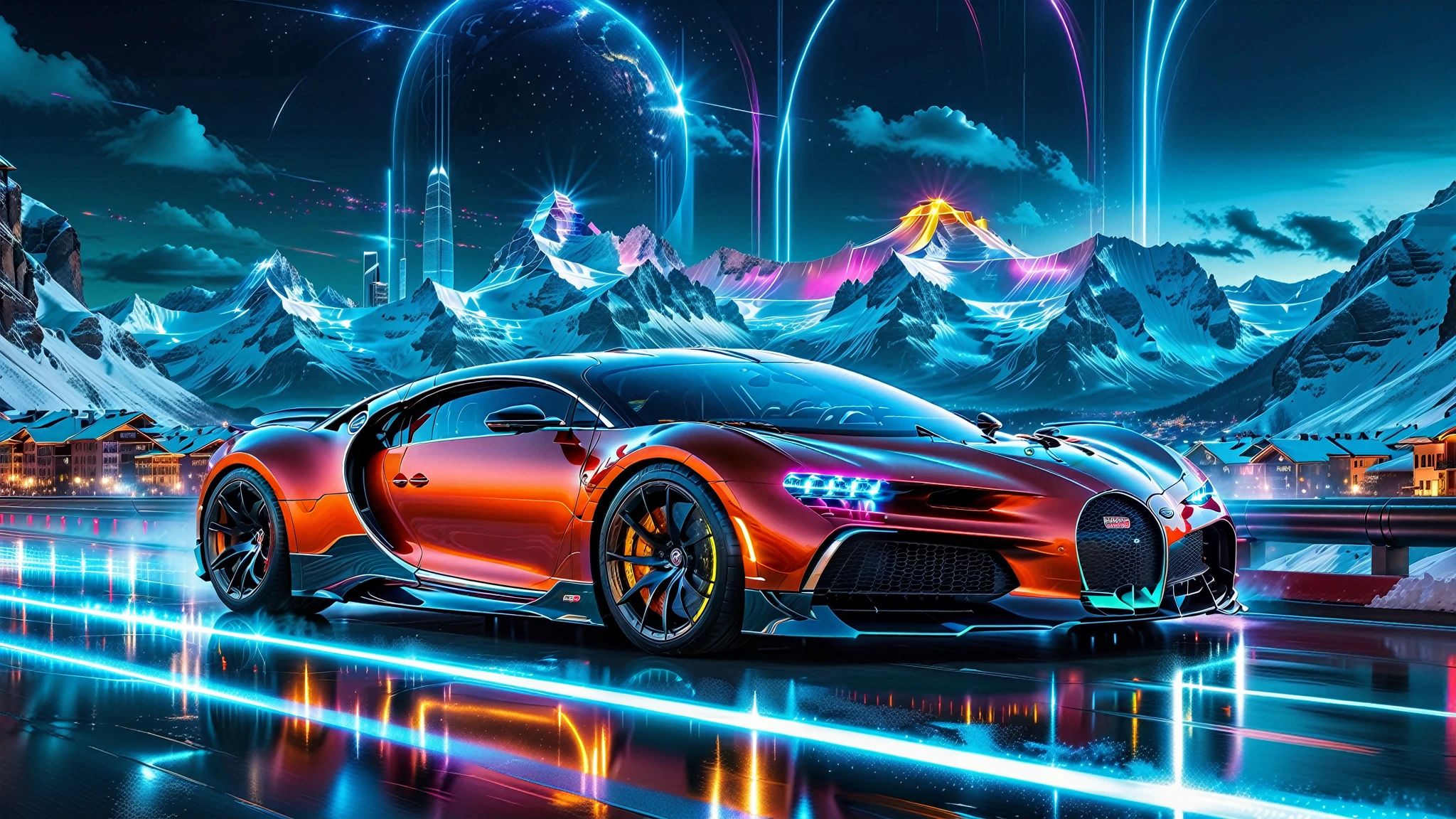 A Masterpiece In 32K Resolution, Supreme Quality, Super Detail, Official Art, Very High-Resolution 32K Wallpaper. Gleaming And Technological, Ultra-Detailed Features. Above, The Sky Is Alive With Glowing Auroras And Vibrant Light Trails. Majestic Mountains Rise Above The City, Creating A Striking Contrast Against The Technological Marvels Below, Embodying The Essence Of This Futuristic World. A Supercars The Bugatti Chiron Super Sport 300+ Blazes Through The City Streets, Its Polished Carbon Fiber Body Gleaming Under The Neon Lights, Speed Effortlessly Through The Floating Roads, Leaving Bright, Fluorescent Light Trails In Their Wake. Their Sleek, Futuristic Designs Reflect The Neon Glows, Their Aerodynamic Bodies Blending With The Utopian City As They Race Across The Skyline.