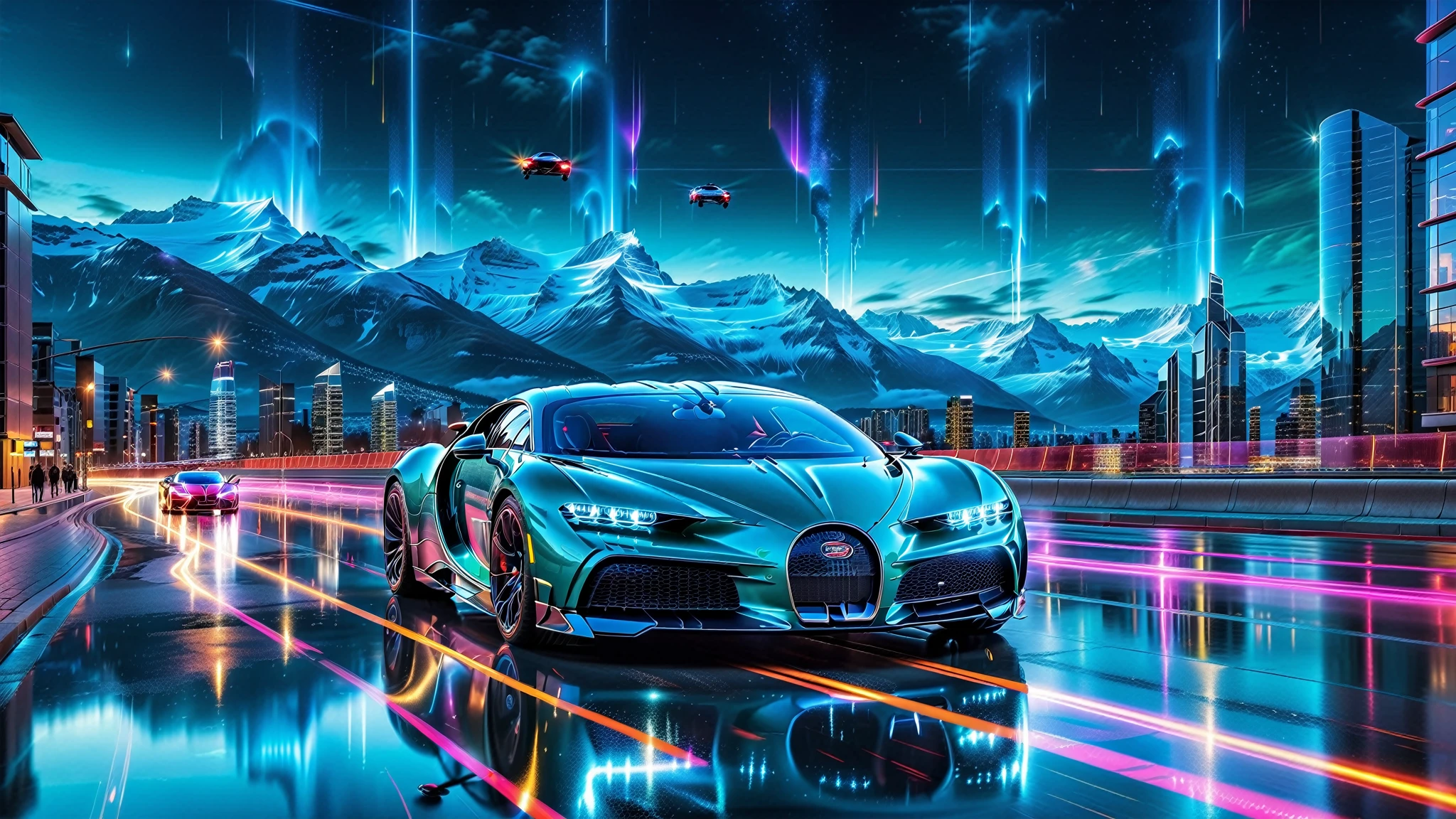 A Masterpiece In 32K Resolution, Supreme Quality, Super Detail, Official Art, Very High-Resolution 32K Wallpaper. Gleaming And Technological, Ultra-Detailed Features. Above, The Sky Is Alive With Glowing Auroras And Vibrant Light Trails. Majestic Mountains Rise Above The City, Creating A Striking Contrast Against The Technological Marvels Below, Embodying The Essence Of This Futuristic World. A Supercars The Bugatti Chiron Super Sport 300+ Blazes Through The City Streets, Its Polished Carbon Fiber Body Gleaming Under The Neon Lights, Speed Effortlessly Through The Floating Roads, Leaving Bright, Fluorescent Light Trails In Their Wake. Their Sleek, Futuristic Designs Reflect The Neon Glows, Their Aerodynamic Bodies Blending With The Utopian City As They Race Across The Skyline.