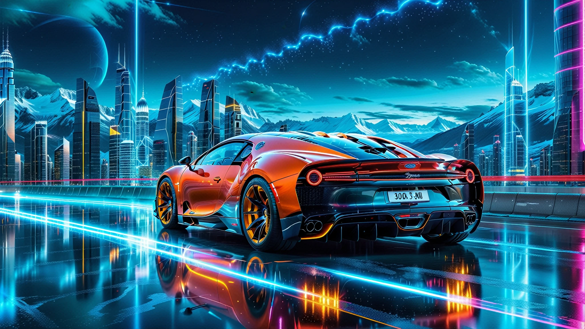 A Masterpiece In 32K Resolution, Supreme Quality, Super Detail, Official Art, Very High-Resolution 32K Wallpaper. Gleaming And Technological, Ultra-Detailed Features. Above, The Sky Is Alive With Glowing Auroras And Vibrant Light Trails. Majestic Mountains Rise Above The City, Creating A Striking Contrast Against The Technological Marvels Below, Embodying The Essence Of This Futuristic World. A Supercars The Bugatti Chiron Super Sport 300+ Blazes Through The City Streets, Its Polished Carbon Fiber Body Gleaming Under The Neon Lights, Speed Effortlessly Through The Floating Roads, Leaving Bright, Fluorescent Light Trails In Their Wake. Their Sleek, Futuristic Designs Reflect The Neon Glows, Their Aerodynamic Bodies Blending With The Utopian City As They Race Across The Skyline.