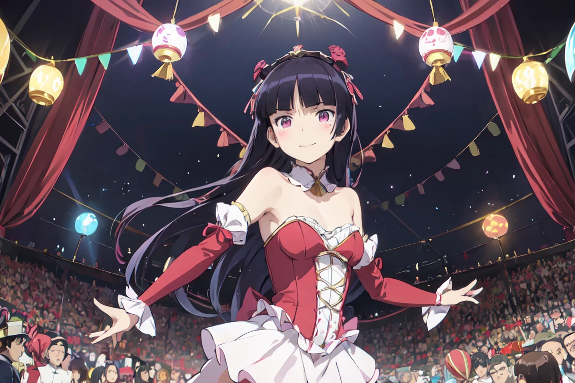 ruri gokou, (( brightly illuminated circus stage )), ( the moment a comical clown is balancing), brightly colored balloons , ren's smiles , Vibrant Background, Humorous atmosphere, Nimble movement, j3stdr3ss ,cleavage,bare shoulders,detached sleeves,strapless,tassel,jester cap, jester dress,full body, Long Hair, hime cut, Black Hair ,1 Female, solo