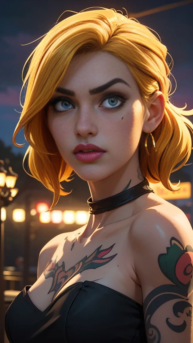 a beautiful girl with red and yellow hair wearing a fashion strapless dress,short wavy hair, in a park at night, (best quality,4k,8k,highres,masterpiece:1.2),ultra-detailed,(realistic,photorealistic,photo-realistic:1.4),extremely detailed eyes and face,longeyelashes,intricate details,dramatic lighting,warm colors,diffused light,glowing lampposts,moody atmosphere,cinematic composition, (nsfw), ((hyperdefinition eyes, ultradetailed eyes,)), ((green iris)), body tattoo , black tattoo, tribale tattoo, Gta5, all body portrait, all body photo, Golden earrings, many bracalets, beatiful pendants 