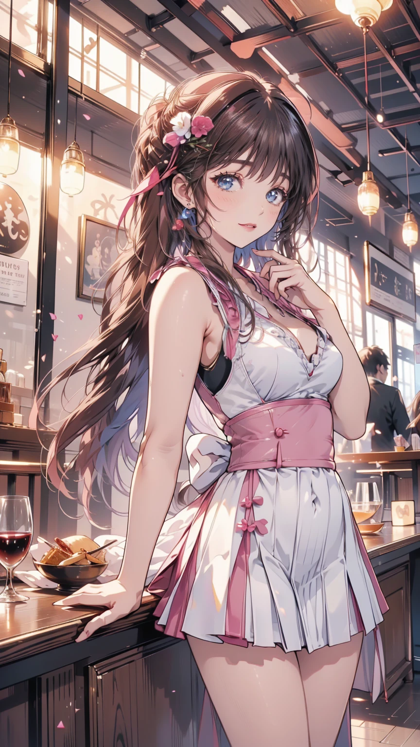 (masterpiece, ultra-detailed, best quality, clear focus, dramatic scene, cinematic), shadow, (ultra-high resolution, 8k), perfect anatomy, perfect face, (detailed face, detailed eye), cute Japanese girl, famous Japanese idol, very beautiful and cute and cool face, dynamic pose, dynamic angle, (wearing a dark colored cute dress with frills), (at the historical restaurant:1.3), large breasts, dynamic angle, She is enjoying her dinner, gorgeous dishes and wine glass and wine bottle