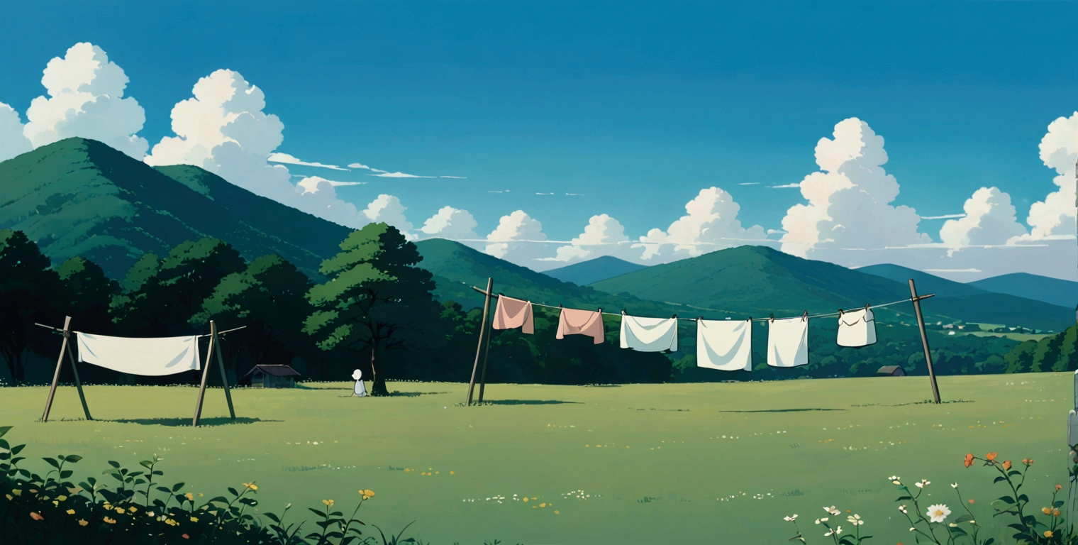 (minimalism:1.4), Lofi anime style, Studio Ghibli art, Miyazaki ,pastel , cute ,minimalist , SPIRITED AWAY ,No one is there , No people , Landscape ,Clothesline ,A gentle breeze