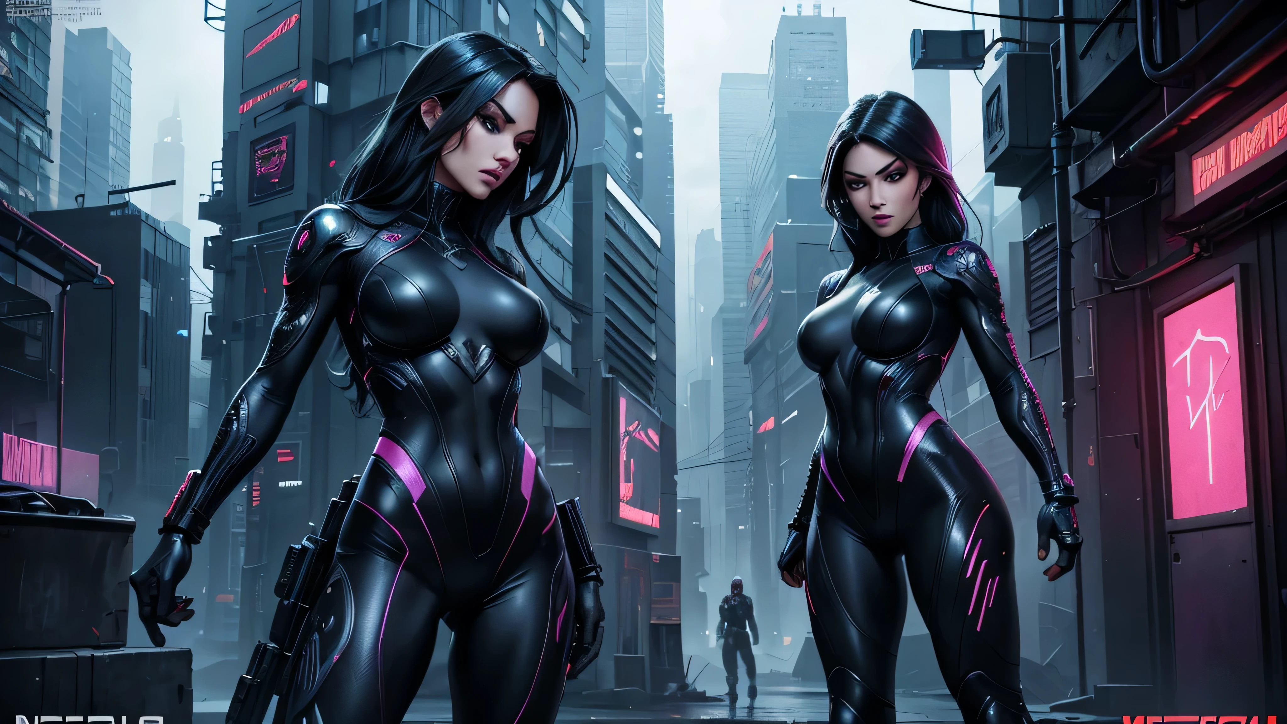 a gorgeous woman, ninja, ninja suit, full body, standing, overlooking a cyberpunk city, beautiful detailed eyes, beautiful detailed lips, extremely detailed face and eyes, long eyelashes, mysterious expression, dramatic lighting, vibrant colors, cinematic composition, intricate details, hyper-realistic, digital art, photorealistic, 8k, best quality, masterpiece