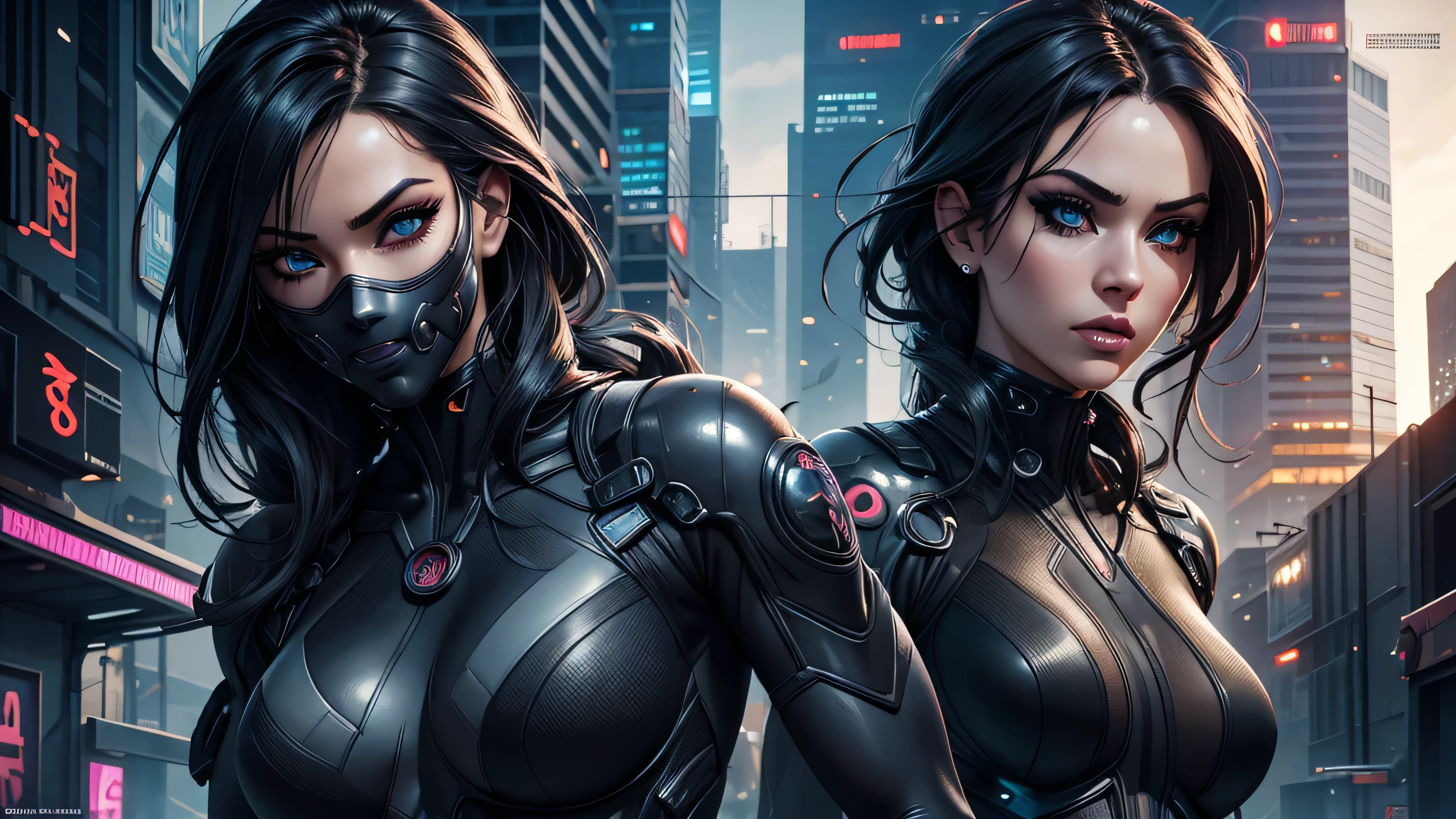 a gorgeous woman, ninja, ninja suit, full body, standing, overlooking a cyberpunk city, beautiful detailed eyes, beautiful detailed lips, extremely detailed face and eyes, long eyelashes, mysterious expression, dramatic lighting, vibrant colors, cinematic composition, intricate details, hyper-realistic, digital art, photorealistic, 8k, best quality, masterpiece
