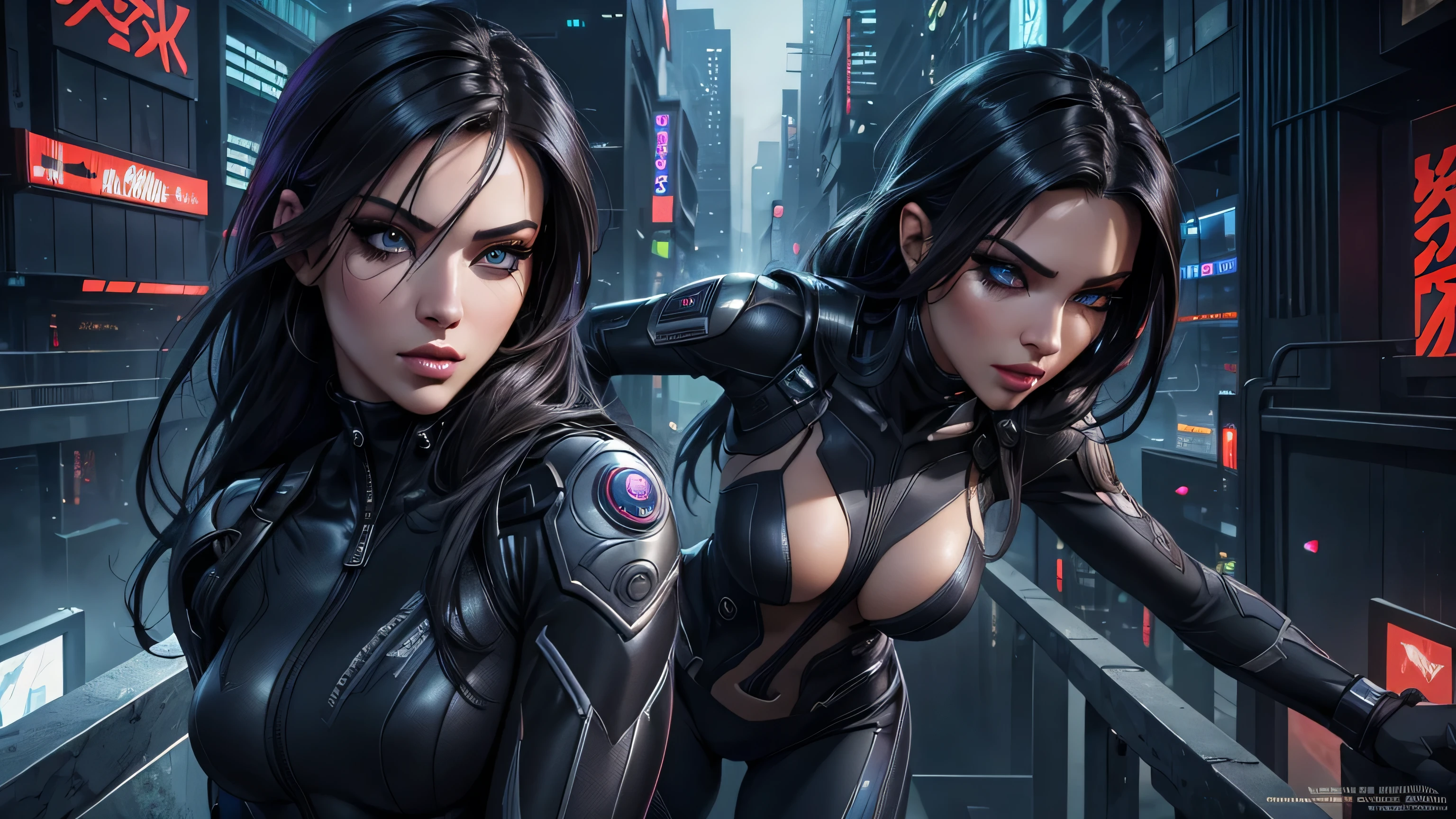 a gorgeous woman, ninja, ninja suit, full body, standing, overlooking a cyberpunk city, beautiful detailed eyes, beautiful detailed lips, extremely detailed face and eyes, long eyelashes, mysterious expression, dramatic lighting, vibrant colors, cinematic composition, intricate details, hyper-realistic, digital art, photorealistic, 8k, best quality, masterpiece