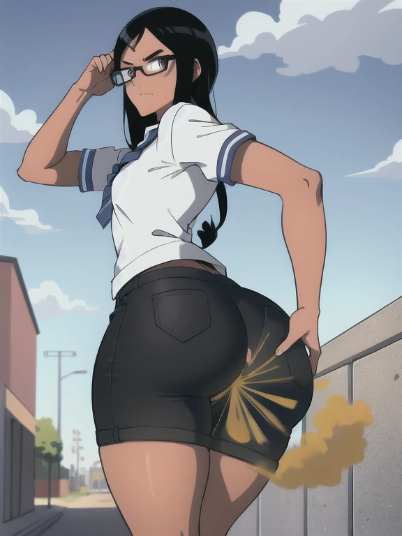 (masterpiece, best quality:1.3), Rizdraws, Thin Lineart, Soft Lineart, 1girl, solo, short straight black hair, black hair, bangs that go to the side down her face, large round glasses, over sized teal t-shirt, white skirt, pleated skirt, fishnet tights, dark skin, wide ass, panty shot, pink sparkly cotton panties, straight flat hair, park, sweaty ass, small smile, wind lift skirt
