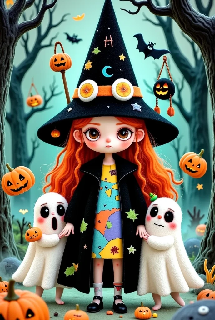 ((( comic cover design：text input " scary cute Halloween !"))).有一张女孩和两个鬼魂of卡通图片, Halloween art style, Halloween scene, samhain figure , Trick or Treat, Halloween style, author：Mab Graves, Witch Girl, author： Android Jones , 在一座阴森of森林里, Beeple 和 Jeremiah Ketner, Halloween theme, omg, of. 鲜艳of色彩. 可爱of, Scary yet charming 