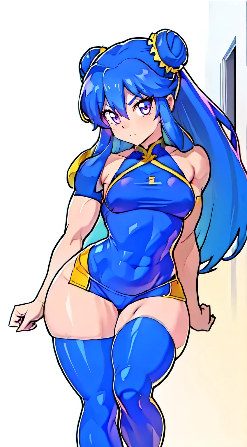 long blue hair, two buns, purple chinese dress, blue highthighs, pelvic curtain, shampoo, biceps, small breasts, two-toned bikini, covered midrift. gradient highlight, digidestined. thick thighs, thigh gap, plump thighs, shinny thighs, muscular thighs, beautiful thighs, sweaty thighs, sweatdrop thighs, oiled thighs, large hips, narrow waist, thick calves, long legs, sexy beautiful woman, full body shot, full body, toned body, muscular female, shredded abs, fitness, small breasts. Looking at viewer. 