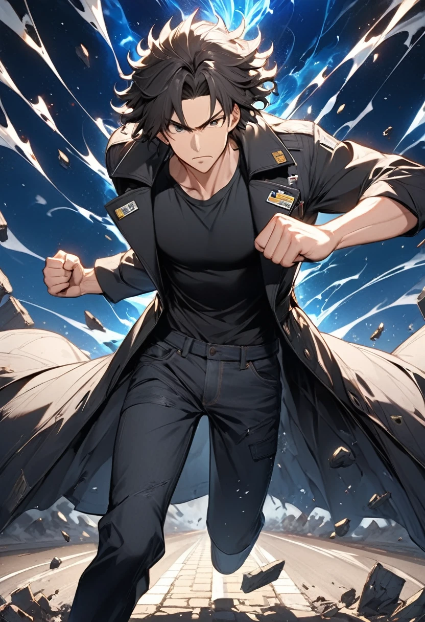 Code Name"Gravity", Handsome Japanese man･Come to perch, clothing： wearing a black long coat in black t-shirt and black denim , Hairstyle：black wild medium hair, Cold look,  wearing black waves all over his body , Battle expression ：Shock waves are generated in a straight forward direction due to gravitational waves generated starting from a one-handed fist thrust to the earth, Operation Alone, background： Earth causing gravity collapse and debris is distorted in the air,2-lane paved road at night 