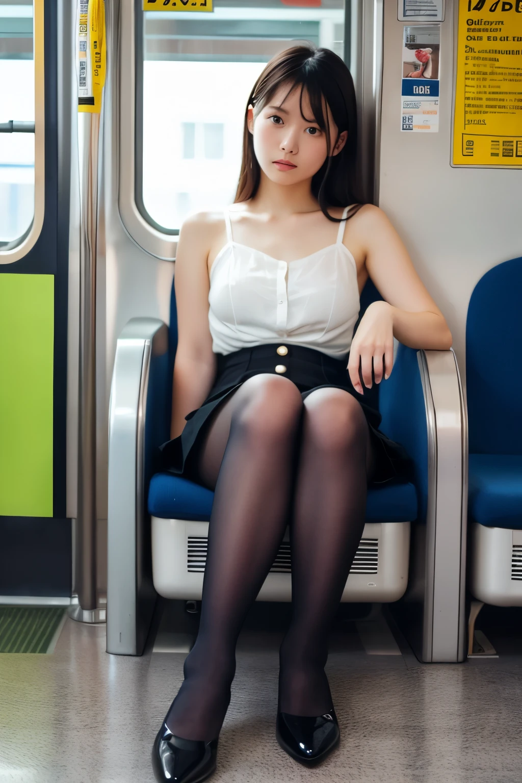 (sit politely:1.5), (do not cross your legs:1.3), (Sit with your knees together:1.3), (one woman:1.3), (feet together:1.4), (Top view:1.7), (Pencil Skirt:1.3), (beautiful face:1.3), (Looking at this:1.3), (Light blue panties are visible:1.5), (high heels:1.5),(Ultra-realistic beige pantyhose:1.3), (masterpiece, Highest quality, 8K, RAW Photos, beautifully、aesthetic:1.2), Intricate details, indirect lighting, Realistic, whole body, Sitting on a chair on the train, Voyeur, Chair to sit under skirt,