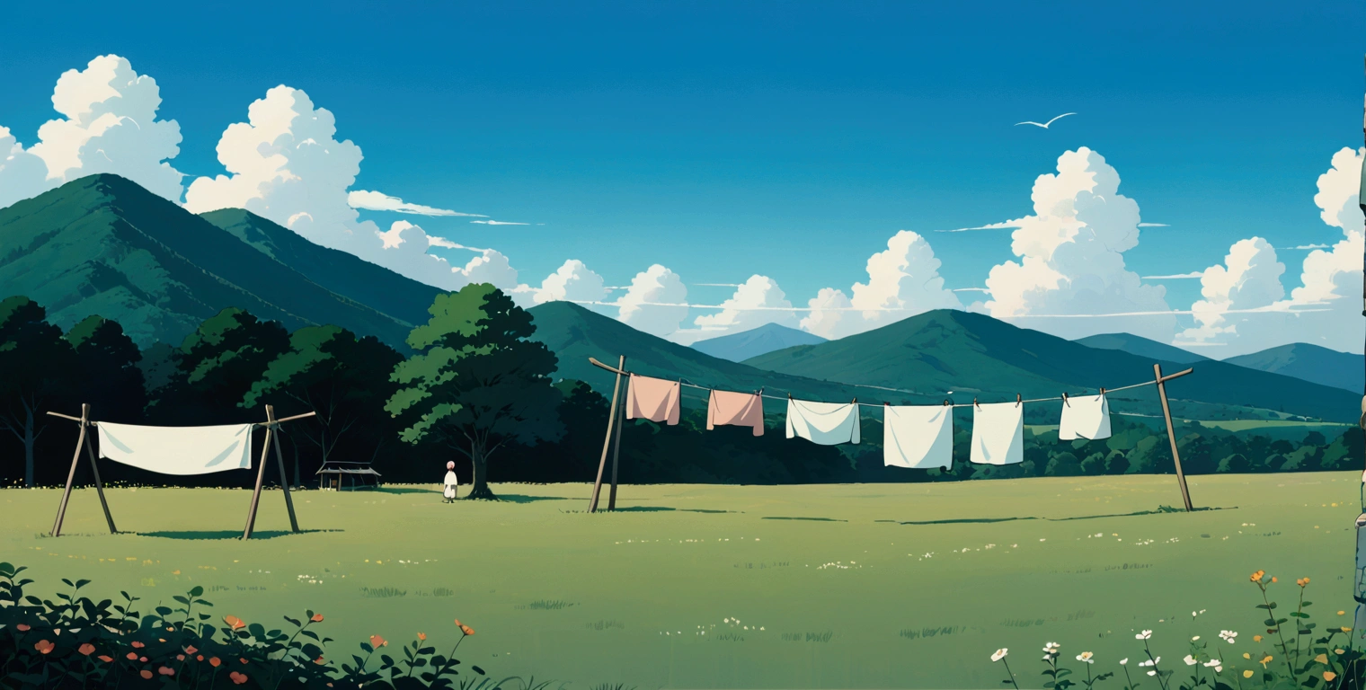 (minimalism:1.4), Lofi anime style, Studio Ghibli art, Miyazaki ,pastel , cute ,minimalist , SPIRITED AWAY ,No one is there , No people , Landscape ,Clothesline ,A gentle breeze