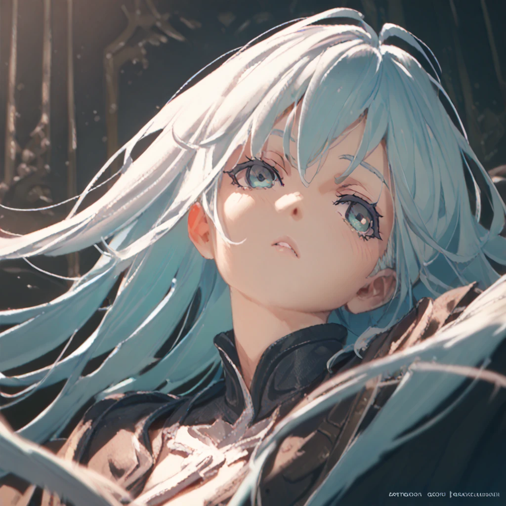 aqua,konosuba, Portrait lens, Girls' Front, eyelashes, sit on the black throne, hair blowing with the wind, Smooth and radiant face, gloom expression depressed, thick eyebrows, eyeliner, parted lips,