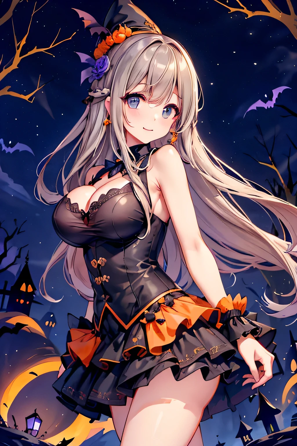 (Official art、Best Quality、Unity 8k Wallpapers、32K、masterpiece、ultra-detailliert、超A high resolution、realisitic、Photorealsitic:1.2)、(Cinematic lighting:1.2)、Fireglow effect、film grains、Best Shadows、(Ultra-detailed and complex 3D rendering)、Detailed beautiful face and eyes、Realistic pupils、Sharp pupils、A slender、Medium bust、(Full body:1.2)、side lights、 Highly detailed background、(super detailed skin、detailed skin textures:1.3)、(Close-up of a group of carved pumpkins in the park, jack-o-lanterns, Pumpkin glowing under the tree, Halloween atmosphere, Halloween Scene, jack - o'- lantern, pumpkins, Evil spirits walk around with lanterns, halloween celebration, Halloween, Spooky and scary atmosphere, halloween theme, Halloween Decorations, halloween night, shutterstock, trick or treat, edited、Very colorful、Vivid Color)、shinny skin、 20-year-old beauty、Beautiful wavy platinum blonde hair、 Blue eyes、beauitful face、Playboy Bunny Girl、High-cut leotards、a bow tie、Cuffs、Wearing fishnet stockings、Black rabbit ears、Ghost pumpkin hair ornament、with a rabbit tail on the buttocks,,,,,,,,,,,,,,,,,,,,,,,、Holding a haunted pumpkin in both hands、Bring your arms forward、(Happy expression on face、Self-satisfied smile:1.2)、dynamicposes