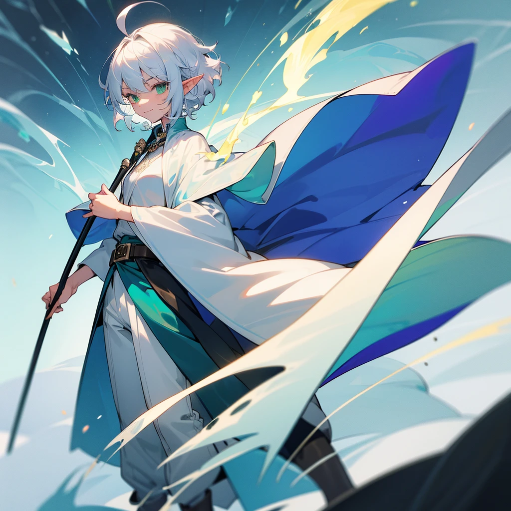 elf, cool female, silver hair,short hair, medium cut, ahoge, curly hair, green eyes,slender, fair skin,  ice magic wizard robe, cape, pants, boyish, magic  cane, long boots, belt, cool smile