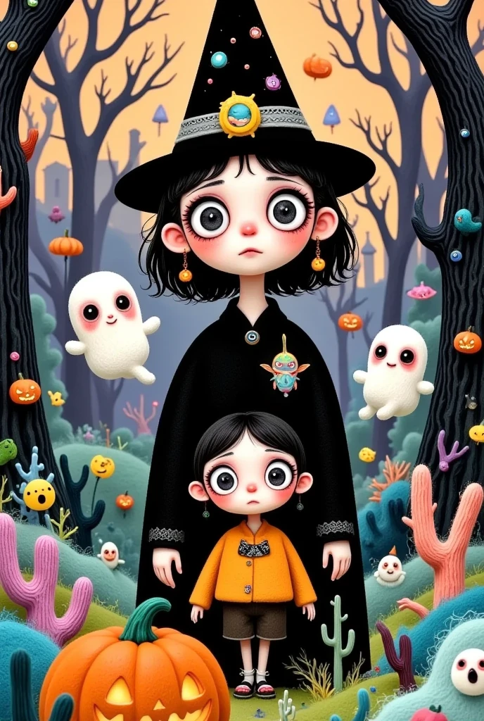 ((( comic cover design：text input " scary cute Halloween !"))).有一张男孩和两个鬼魂of卡通图片, Halloween art style, Halloween scene, samhain figure , Trick or Treat, Halloween style, author：Mab Graves, Witch Girl, author： Android Jones , 在一座阴森of森林里, Beeple 和 Jeremiah Ketner, Halloween theme, omg, of. 鲜艳of色彩. 可爱of, Scary yet charming 