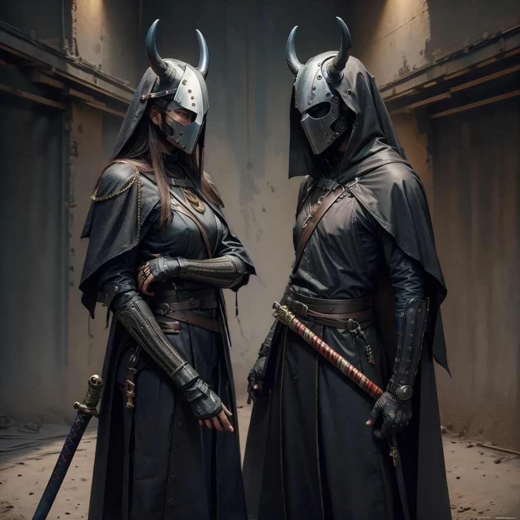 photorealistic, (hyperrealistic:1.2), beautiful, masterpiece, best quality, perfect lighting, derpd, mask, horns, cloak, faceless, katana, holding sword, detailed hands and fingers