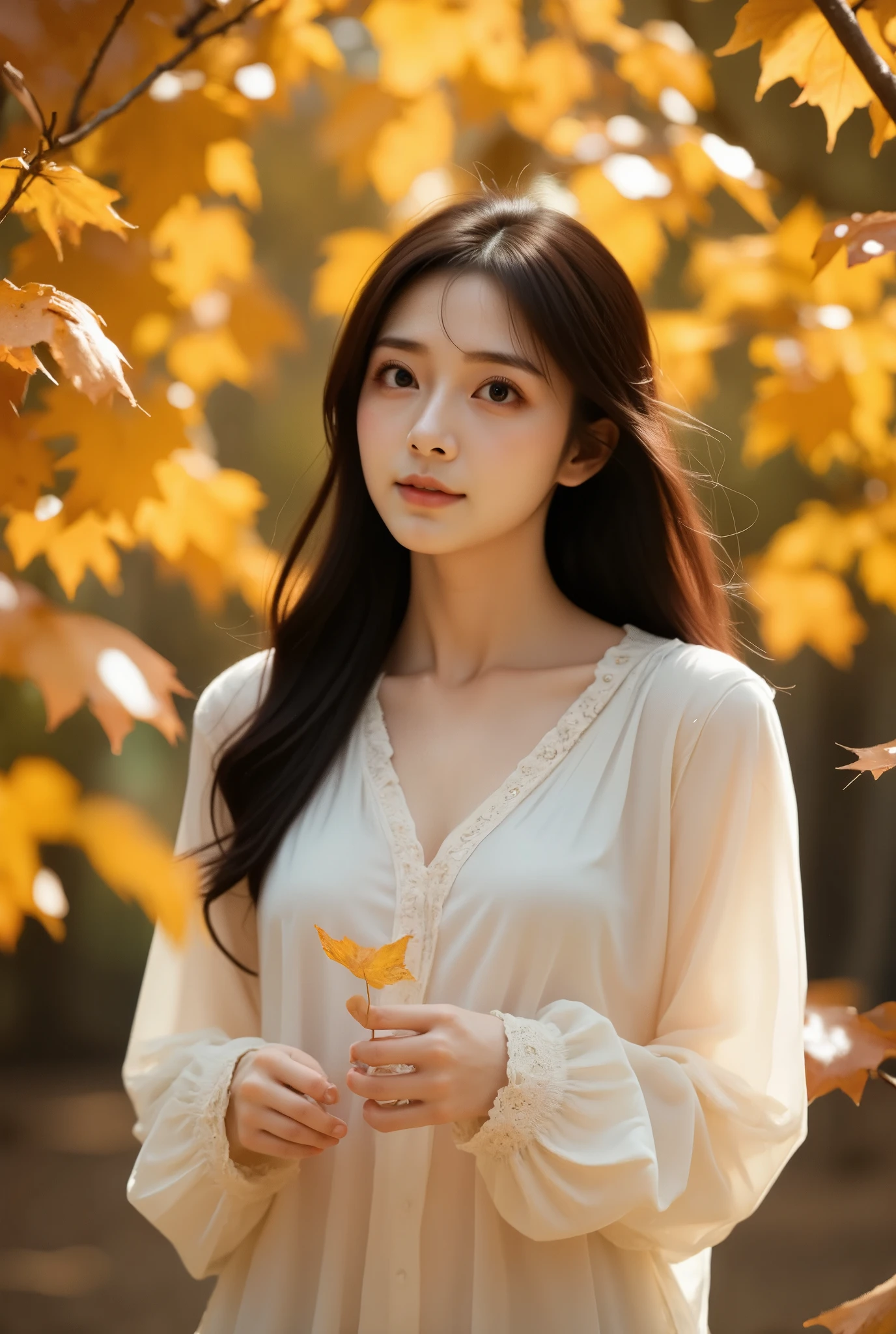 A fine-art style photograph featuring a slender East-Asian woman standing amidst a cascade of autumn leaves. The soft, golden hues of the falling leaves frame the scene, creating a warm and serene atmosphere. The woman stands gracefully with her eyes gently closed, as if lost in a moment of quiet reflection. Her long, dark hair flows down her shoulders in soft waves, contrasting beautifully with the rich amber and ochre tones of the leaves surrounding her.

Dressed in a delicate white blouse, the simplicity of her clothing highlights her natural beauty and elegance, allowing the viewer's attention to focus on her calm and composed expression. She holds a small bundle of fallen leaves gently in her hands, her fingers lightly caressing the edges of the brittle leaves, further adding to the contemplative mood of the image. The soft breeze stirs the leaves around her, capturing a moment frozen in time as they drift gently to the ground.

The lighting is soft and diffuse, enhancing the natural tones of her skin and casting a warm glow across her face. The gentle interplay of light and shadow adds depth to the scene, highlighting the textures of the leaves and the smooth contours of her face. Her serene expression suggests a connection with nature, as though she is at peace in this autumnal setting, embracing the quiet beauty of the moment.

The overall composition of the photograph is balanced, with the woman's figure centrally positioned amidst the swirling leaves. The backdrop is softly blurred, allowing the rich colors of the leaves and her presence to take center stage. The photograph evokes a sense of calm and introspection, as though the viewer is witnessing a fleeting, tranquil moment of stillness in nature. The warm autumnal palette, combined with the woman’s serene demeanor, creates a harmonious and timeless image that captures the essence of quiet reflection in the midst of nature's transition.