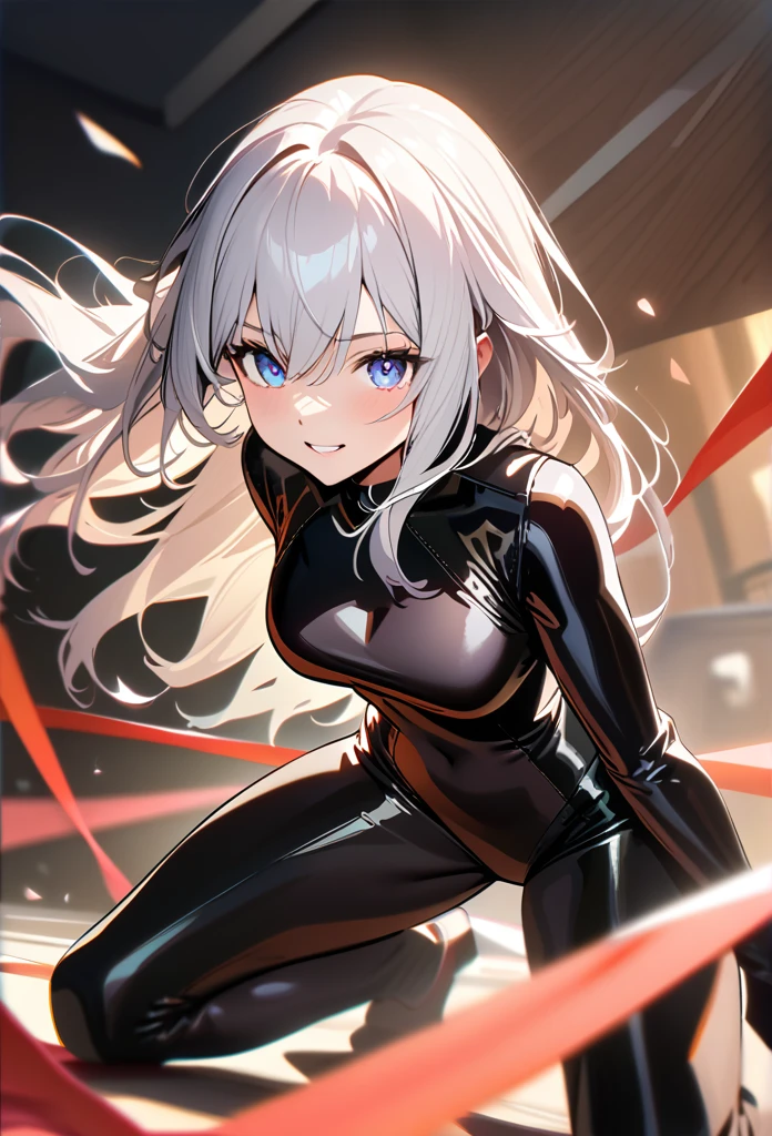 (masterpiece, Best quality:1.5), (Super detailed, high resolution, 8K, Beautiful details, Ultra HD, Best Anatomy), 1 cute girl, White hair, Medium chest, Full body suit, emulsion, Shiny clothes, Steamy space lewd sexy pose gravure　(Clearly depict the eyes) Happy dance,Long hair, 