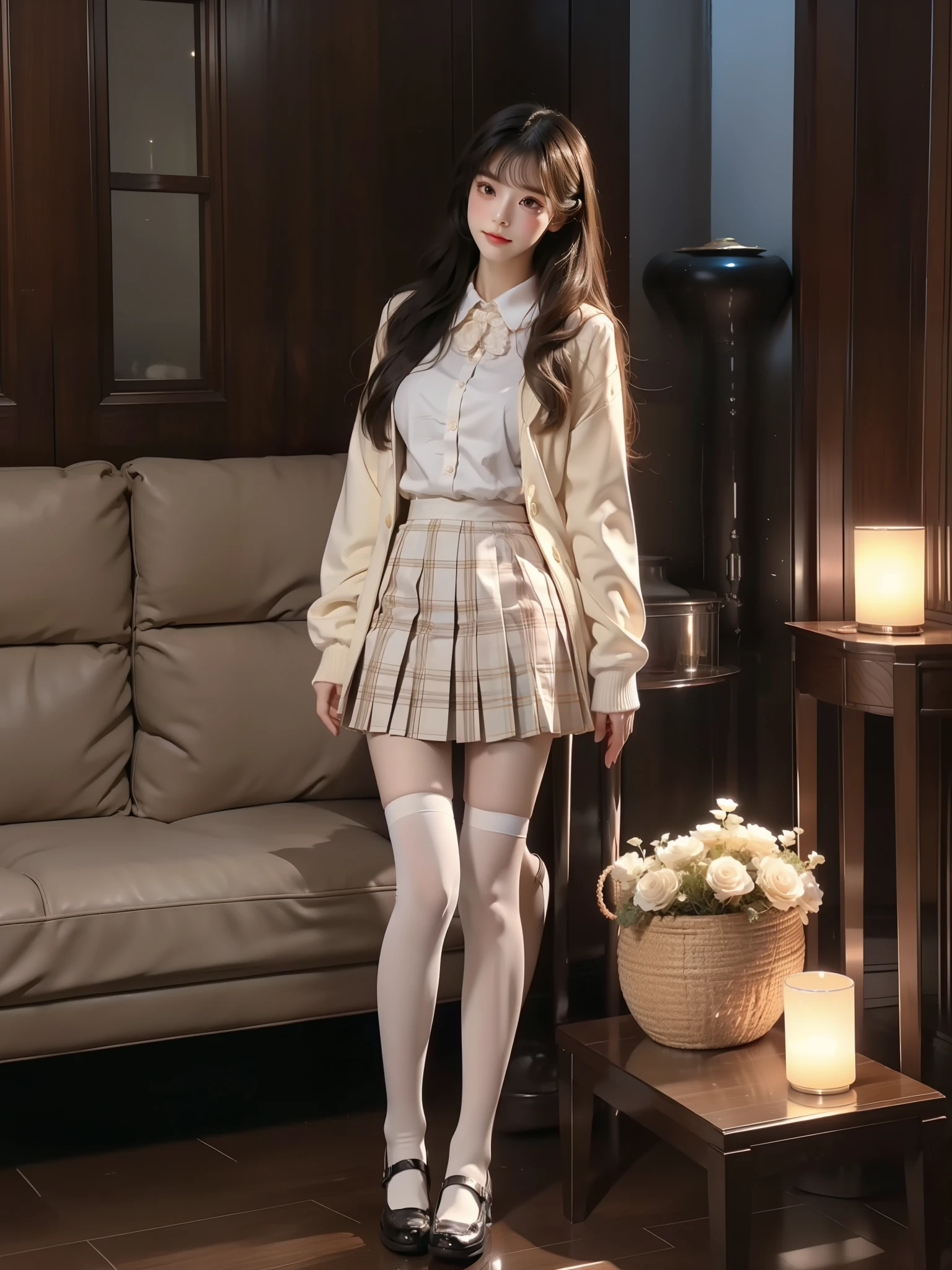 white thighhighs loafers black footwear brown footwear school uniform mary janes pleated skirt plaid skirt serafuku (Asian beauty), ((full body)), ((Natural and elegant posture)), (night, starry sky, space scene), (slim athletic figure: 1.1), (visible cleavage: 0.8), (smooth skin, no deformities: 1.2), (Large breasts), nvshen, relaxed posture, Sexy long legs, The hemlines are short, head tilted, charming smile, hands gently lifted hemline, long shaggy hair flowing, delicate features: (large bright eyes, long eyelashes: 1.1), mouth slightly upturned, expression gentle and confident, (fidelity: 1.1) 1.2), high detail, soft lighting, warm tones