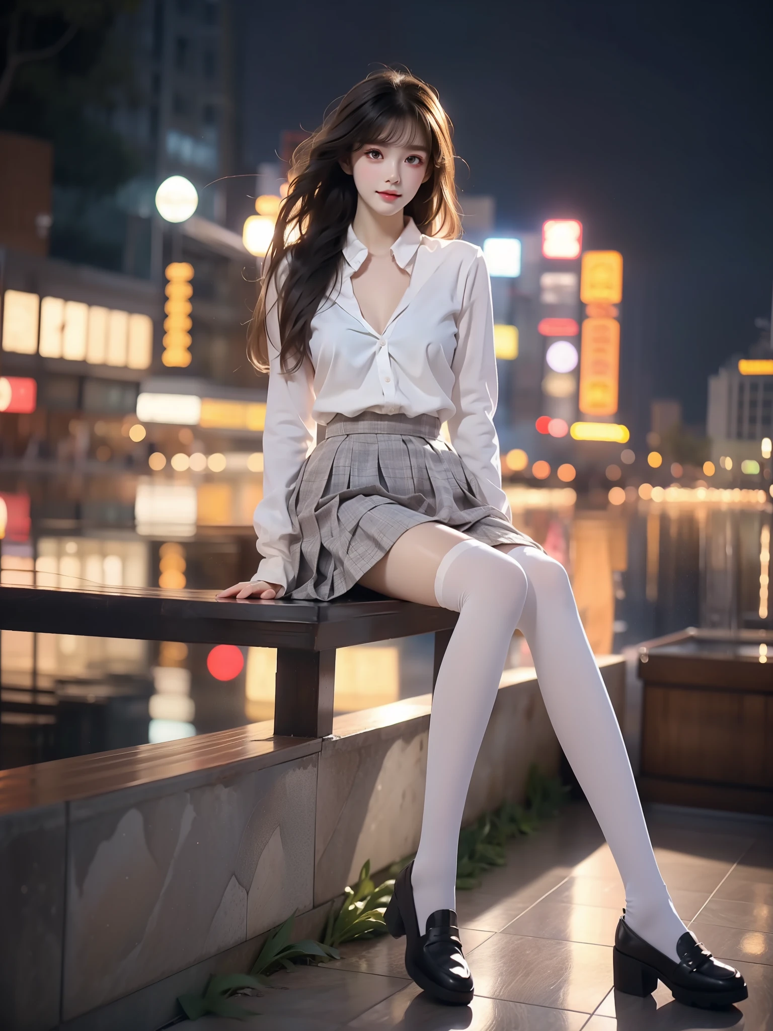 white thighhighs loafers black footwear brown footwear school uniform mary janes pleated skirt plaid skirt serafuku (Asian beauty), ((full body)), ((Natural and elegant posture)), (night, starry sky, space scene), (slim athletic figure: 1.1), (visible cleavage: 0.8), (smooth skin, no deformities: 1.2), (Large breasts), nvshen, relaxed posture, Sexy long legs, The hemlines are short, head tilted, charming smile, hands gently lifted hemline, long shaggy hair flowing, delicate features: (large bright eyes, long eyelashes: 1.1), mouth slightly upturned, expression gentle and confident, (fidelity: 1.1) 1.2), high detail, soft lighting, warm tones