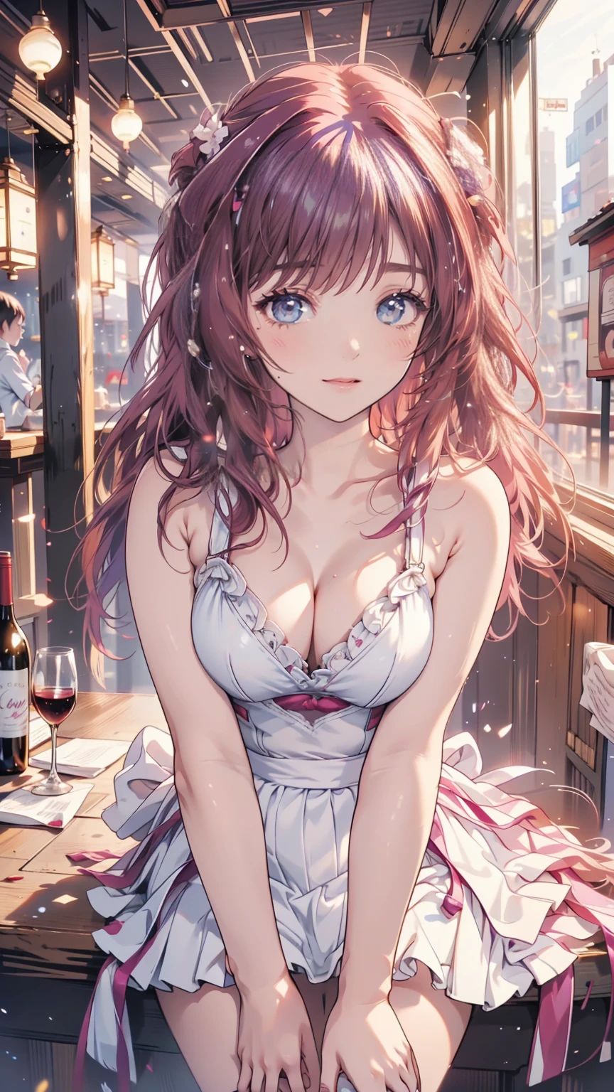 (masterpiece, ultra-detailed, best quality, clear focus, dramatic scene, cinematic), shadow, (ultra-high resolution, 8k), perfect anatomy, perfect face, (detailed face, detailed eye), cute Japanese girl, famous Japanese idol, very beautiful and cute and cool face, dynamic pose, dynamic angle, (wearing a dark colored cute dress with frills), (at the historical restaurant:1.3), large breasts, dynamic angle, She is enjoying her dinner, gorgeous dishes and wine glass and wine bottle, purple hair