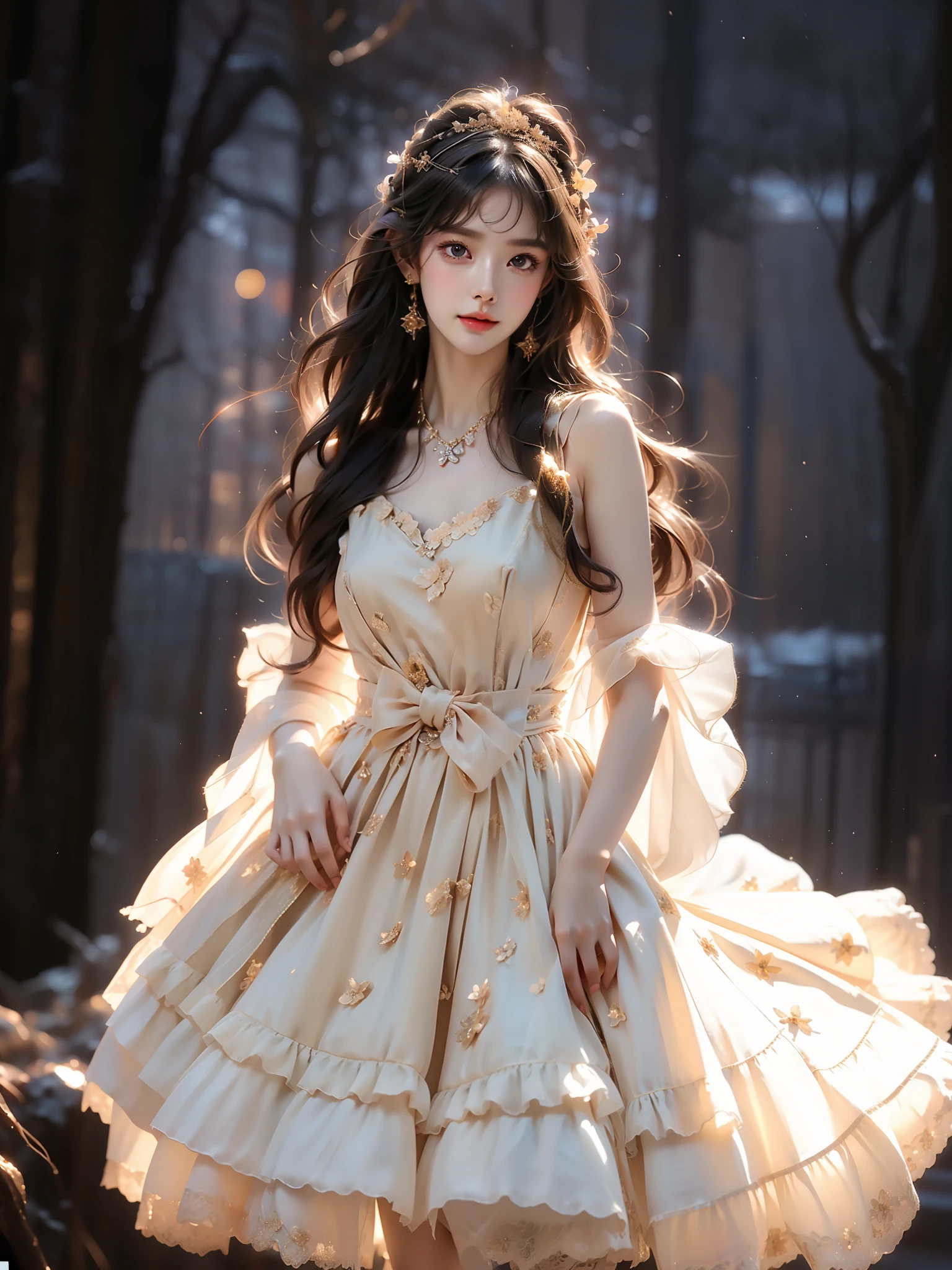 cns dress
frilled dress
hair ornament
black pantyhose (Asian beauty), ((full body)), ((Natural and elegant posture)), (night, starry sky, space scene), (slim athletic figure: 1.1), (visible cleavage: 0.8), (smooth skin, no deformities: 1.2), (Large breasts), nvshen, relaxed posture, Sexy long legs, The hemlines are short, head tilted, charming smile, hands gently lifted hemline, long shaggy hair flowing, delicate features: (large bright eyes, long eyelashes: 1.1), mouth slightly upturned, expression gentle and confident, (fidelity: 1.1) 1.2), high detail, soft lighting, warm tones