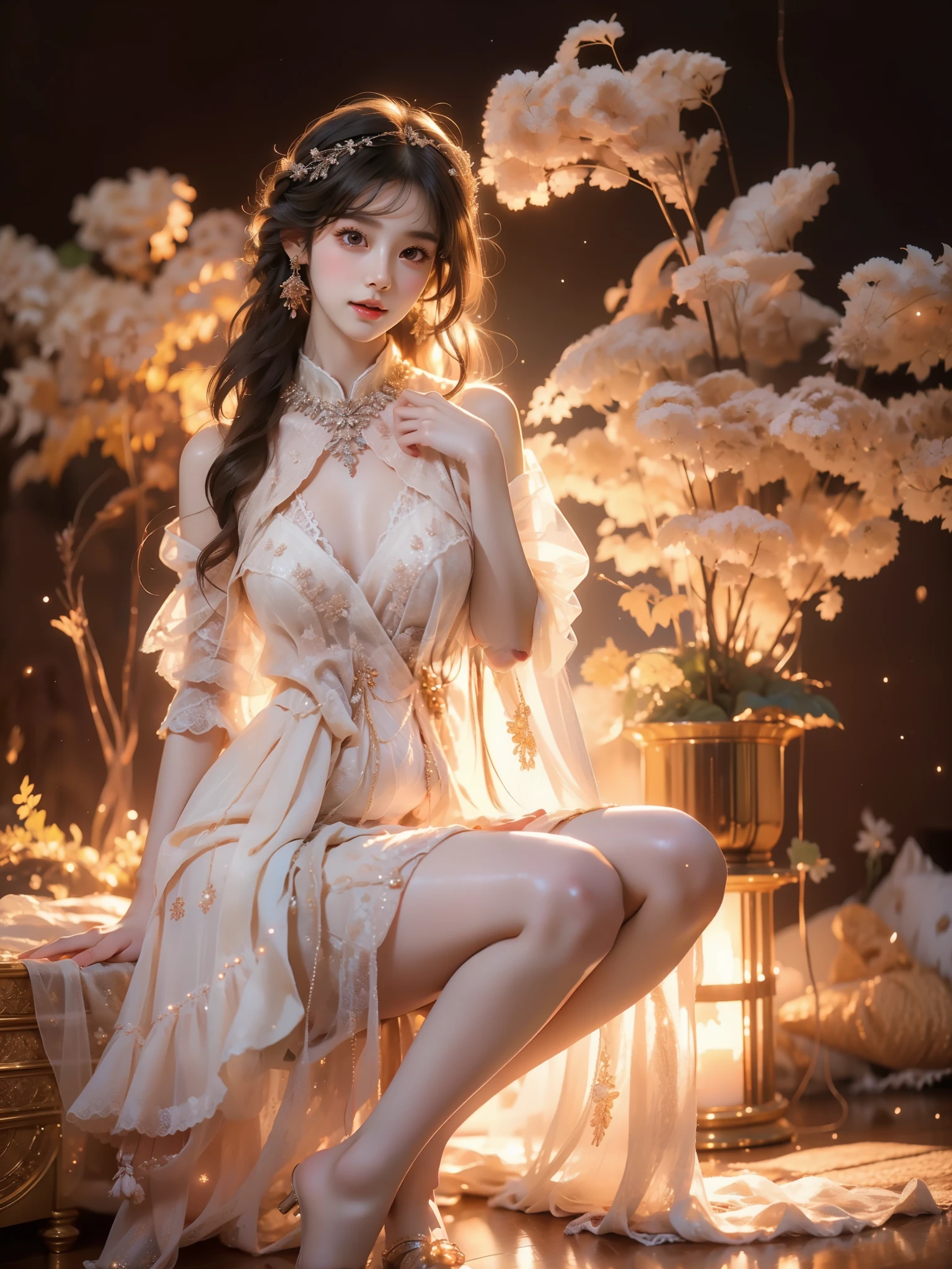 cnsdress (Asian beauty), ((full body)), ((Natural and elegant posture)), (night, starry sky, space scene), (slim athletic figure: 1.1), (visible cleavage: 0.8), (smooth skin, no deformities: 1.2), (Large breasts), nvshen, relaxed posture, Sexy long legs, The hemlines are short, head tilted, charming smile, hands gently lifted hemline, long shaggy hair flowing, delicate features: (large bright eyes, long eyelashes: 1.1), mouth slightly upturned, expression gentle and confident, (fidelity: 1.1) 1.2), high detail, soft lighting, warm tones