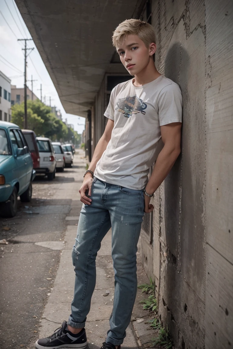 Full body picture of a cute boy, 15 y/o,  handsome, cute, sexy, neutral expression, with Blond hair parted in middle, shoulder lengeth Blond hair on right side of face, short blond haor smoothed towards back on the left side of face, green eyes, clay grey T-shirt, skinny biker blue jeans, open undone unzipped jeans, standing in abandoned city street