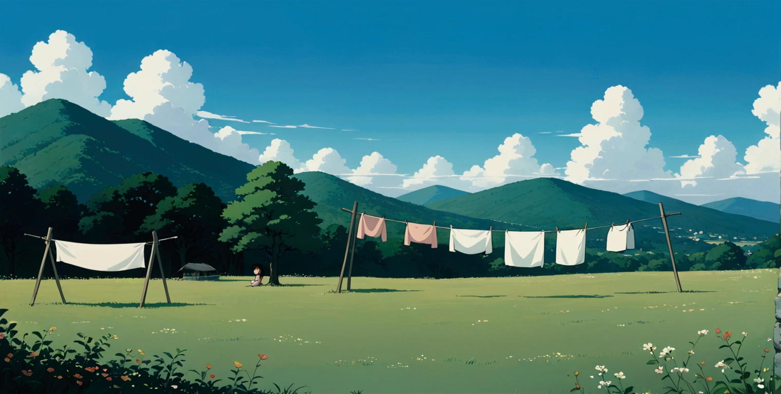 (minimalism:1.4), Lofi anime style, Studio Ghibli art, Miyazaki ,pastel , cute ,minimalist , SPIRITED AWAY ,No one is there , No people , Landscape ,Clothesline ,A gentle breeze